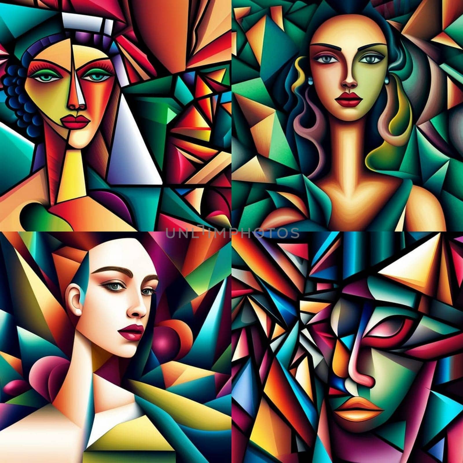 Collage of female portraits painting in the style of cubism in vibrant colors.