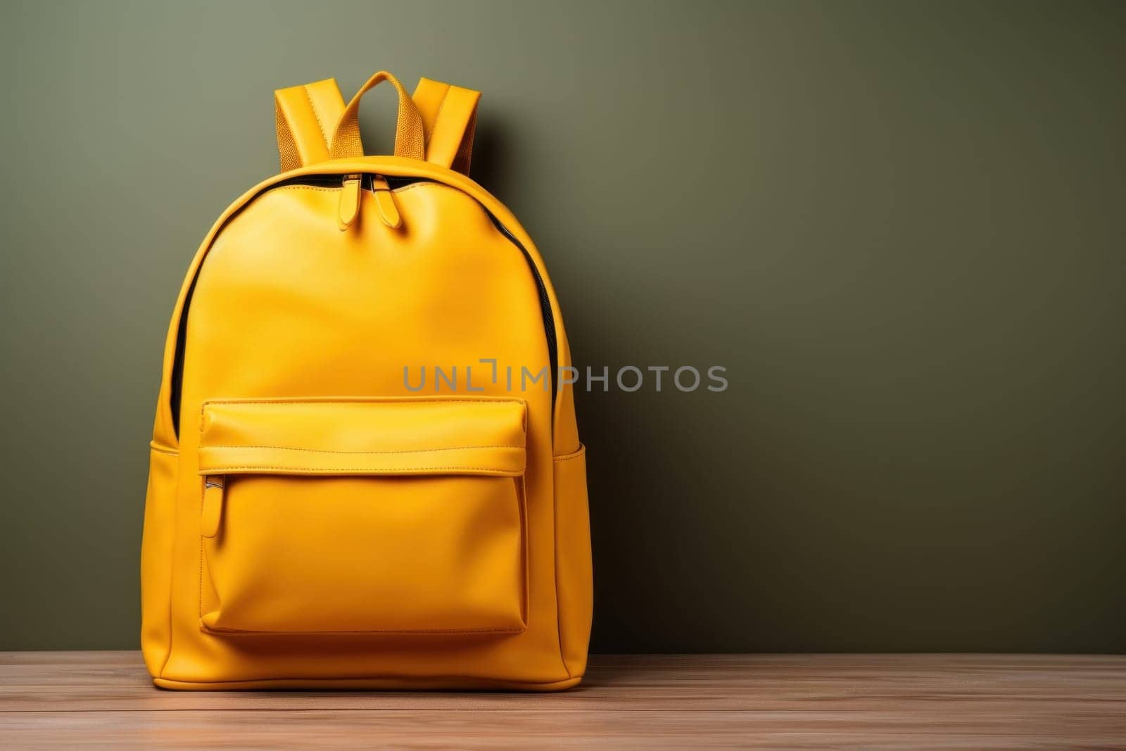 Yellow bag on wooden table, Back to School concept, Generate Ai by prathanchorruangsak