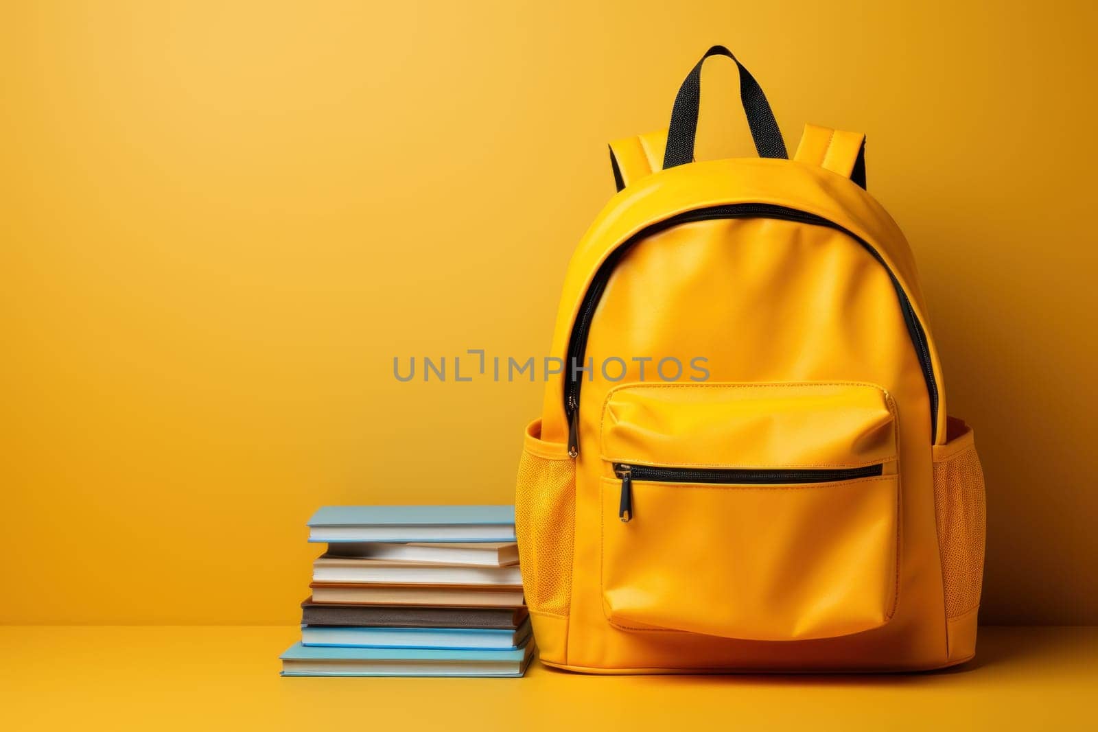 Yellow bag and notebook, pencil on wooden table, Back to School concept, Generate Ai by prathanchorruangsak