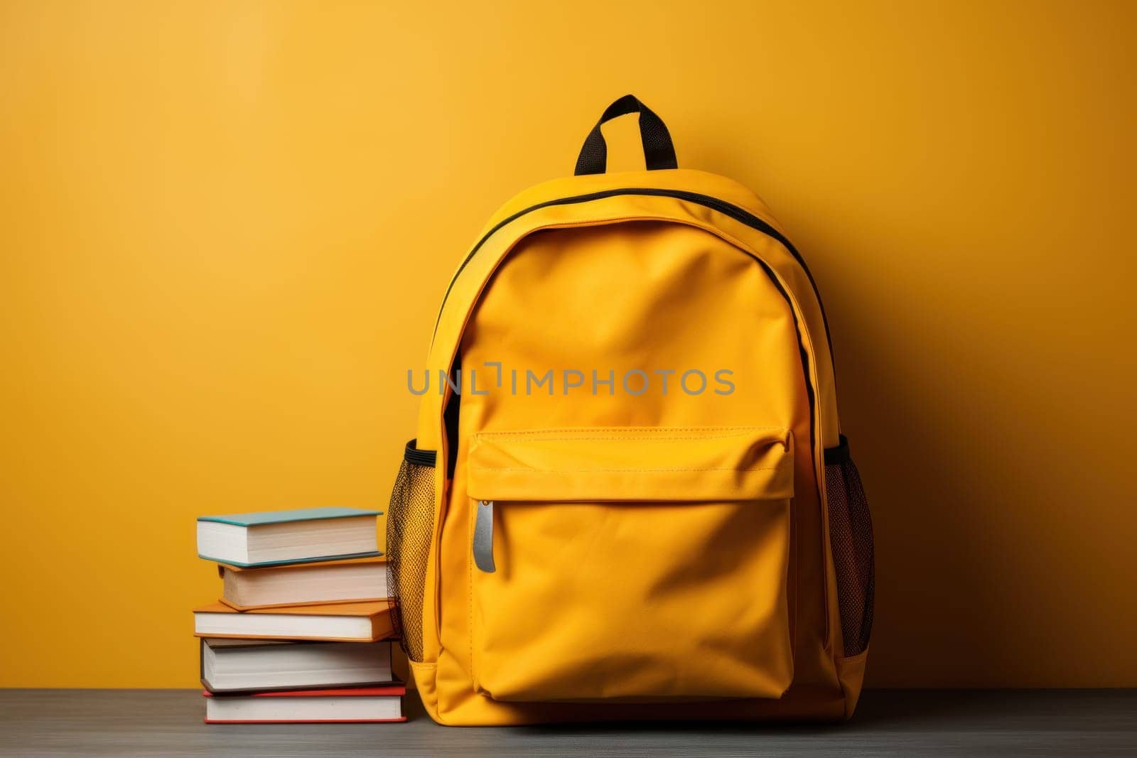 Yellow bag and notebook, pencil on wooden table, Back to School concept, Generate Ai.