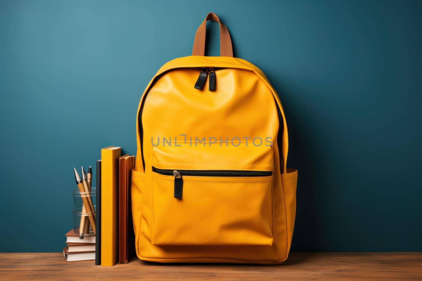 Yellow bag and notebook, pencil on wooden table, Back to School concept, Generate Ai.