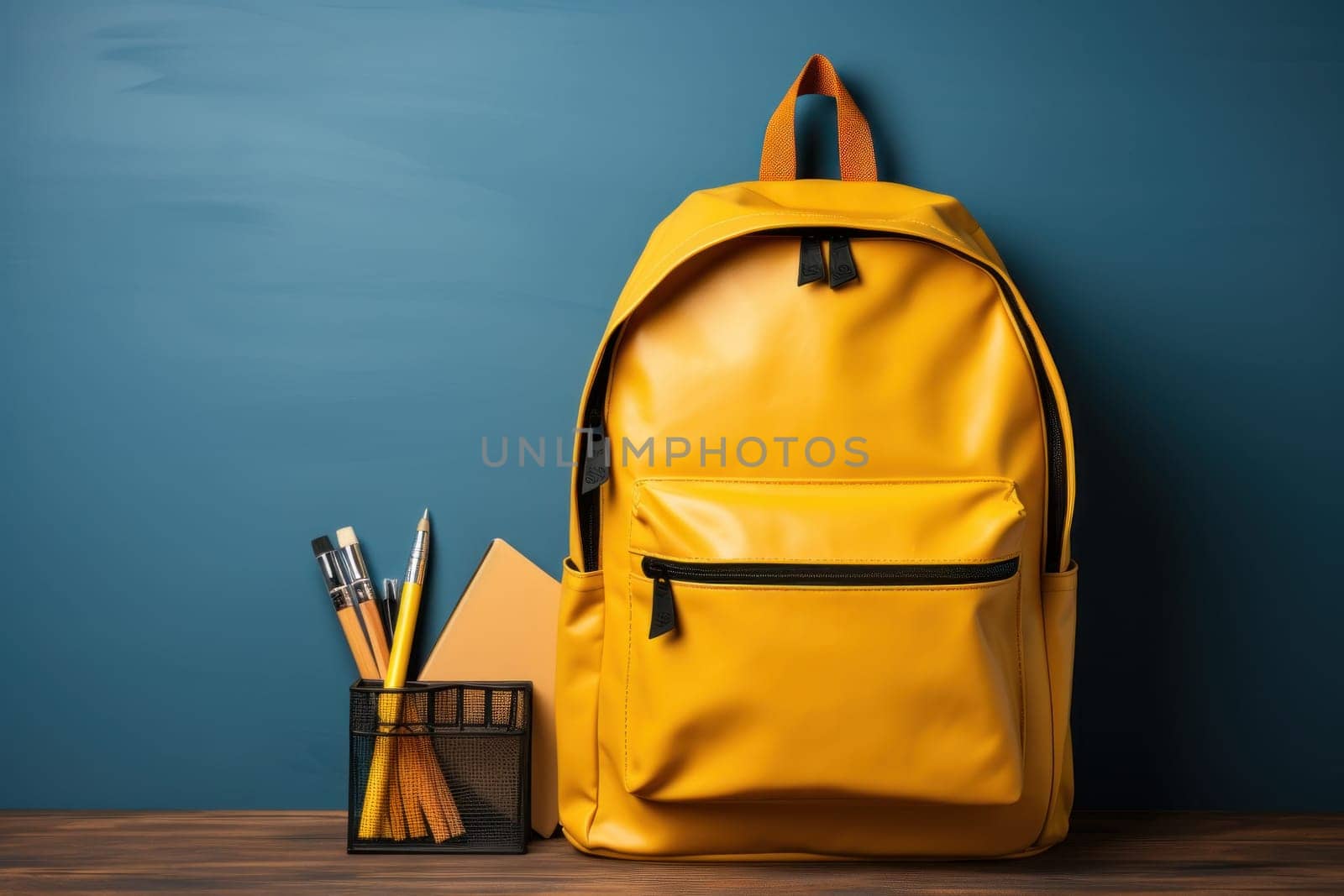 Yellow bag and notebook, pencil on wooden table, Back to School concept, Generate Ai by prathanchorruangsak