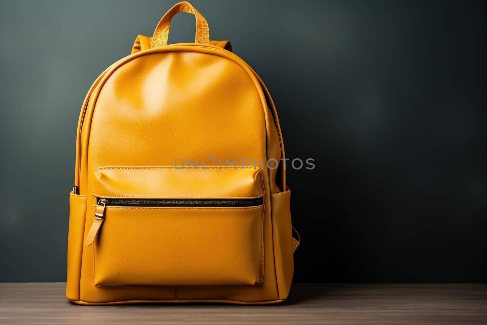 Yellow bag on wooden table, Back to School concept, Generate Ai by prathanchorruangsak