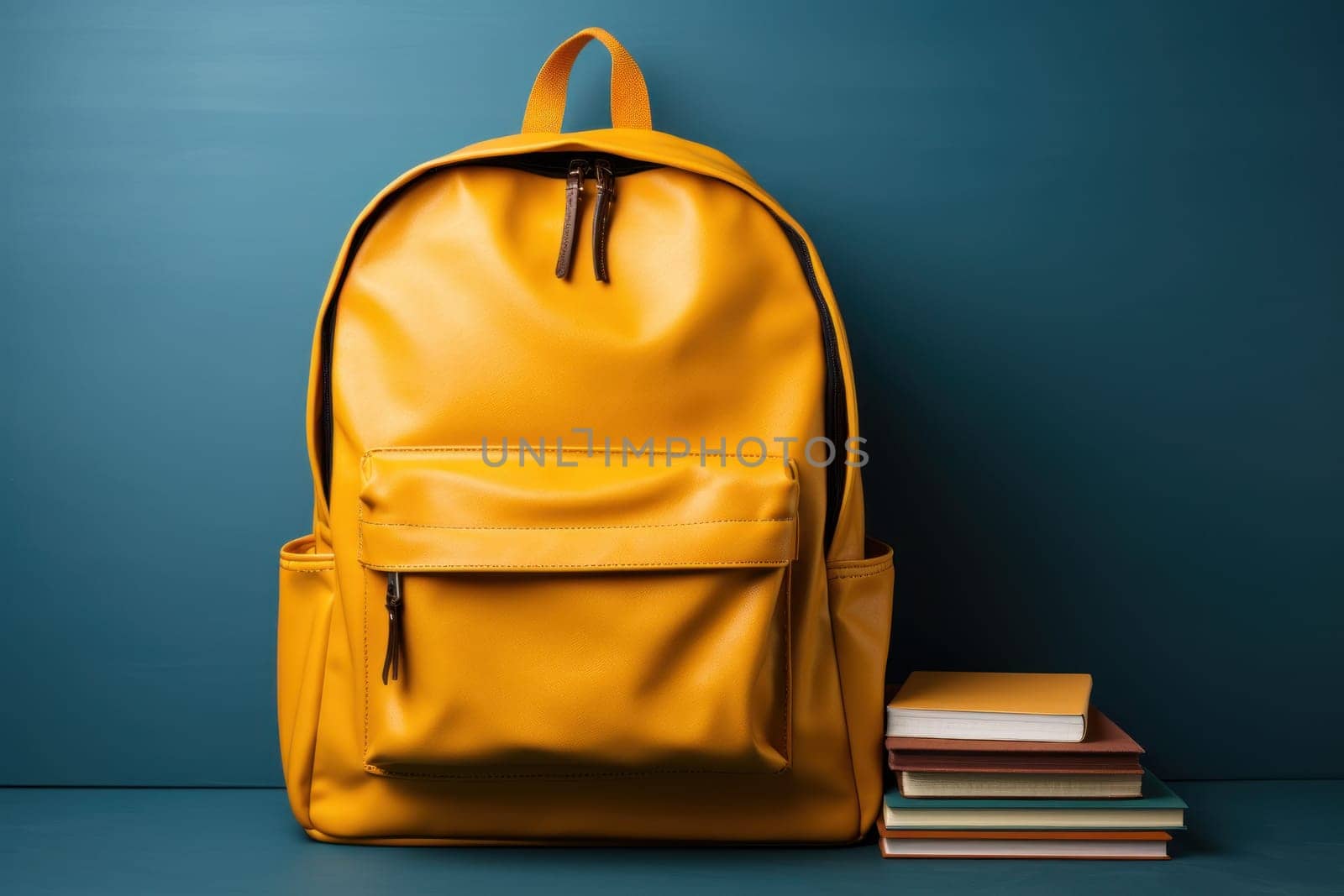 Yellow bag and notebook, pencil on wooden table, Back to School concept, Generate Ai.