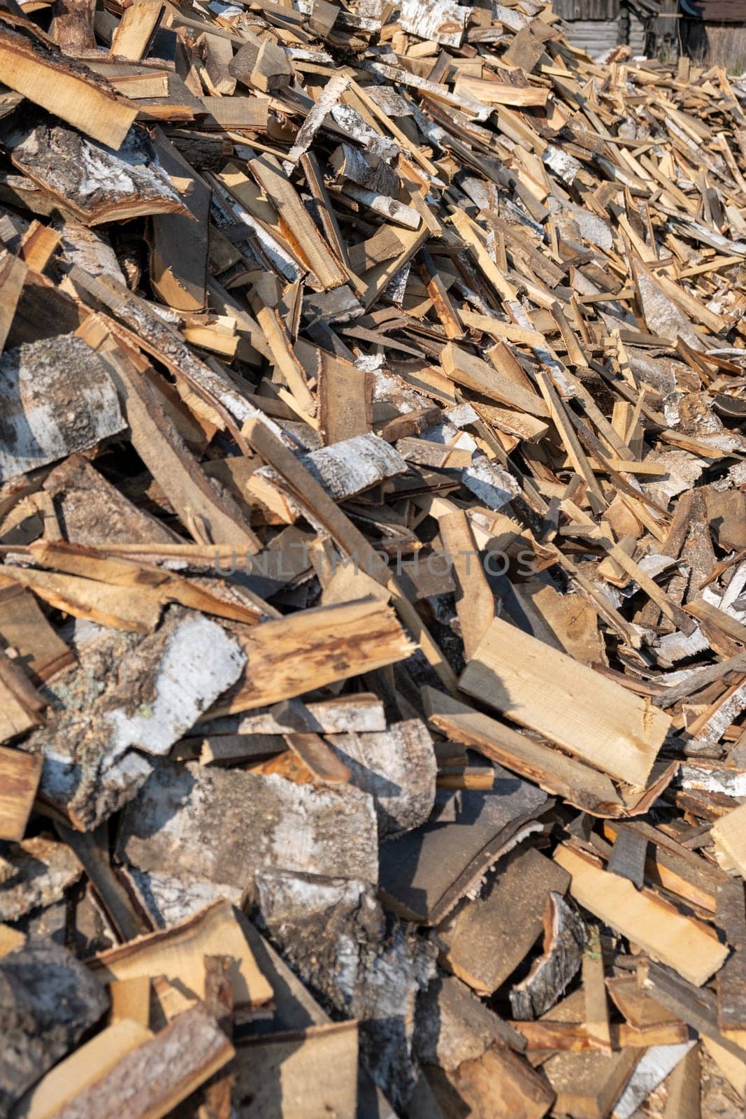 A large pile of different sawn firewood for the stove. by AnatoliiFoto