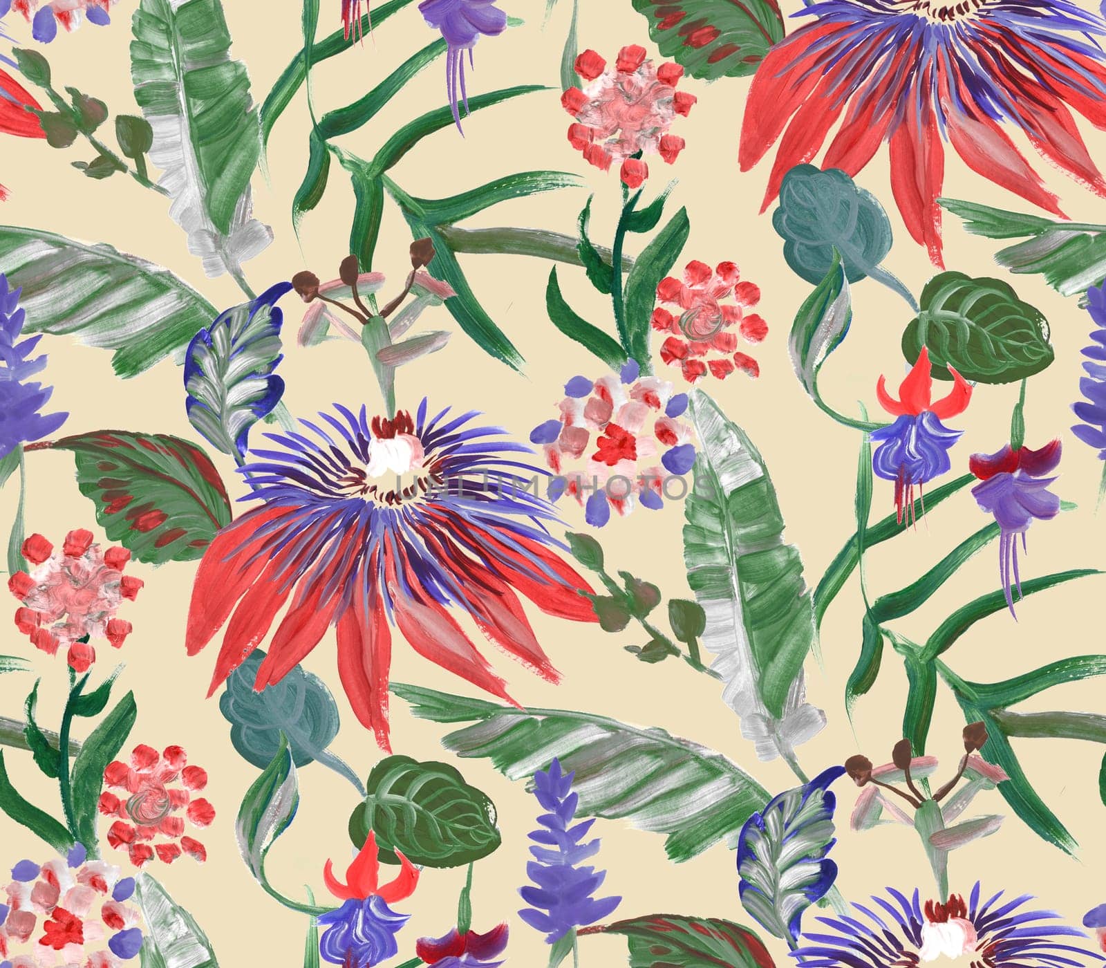 bright seamless pattern with multicolored tropical flowers and leaves on a beige background for summer textile