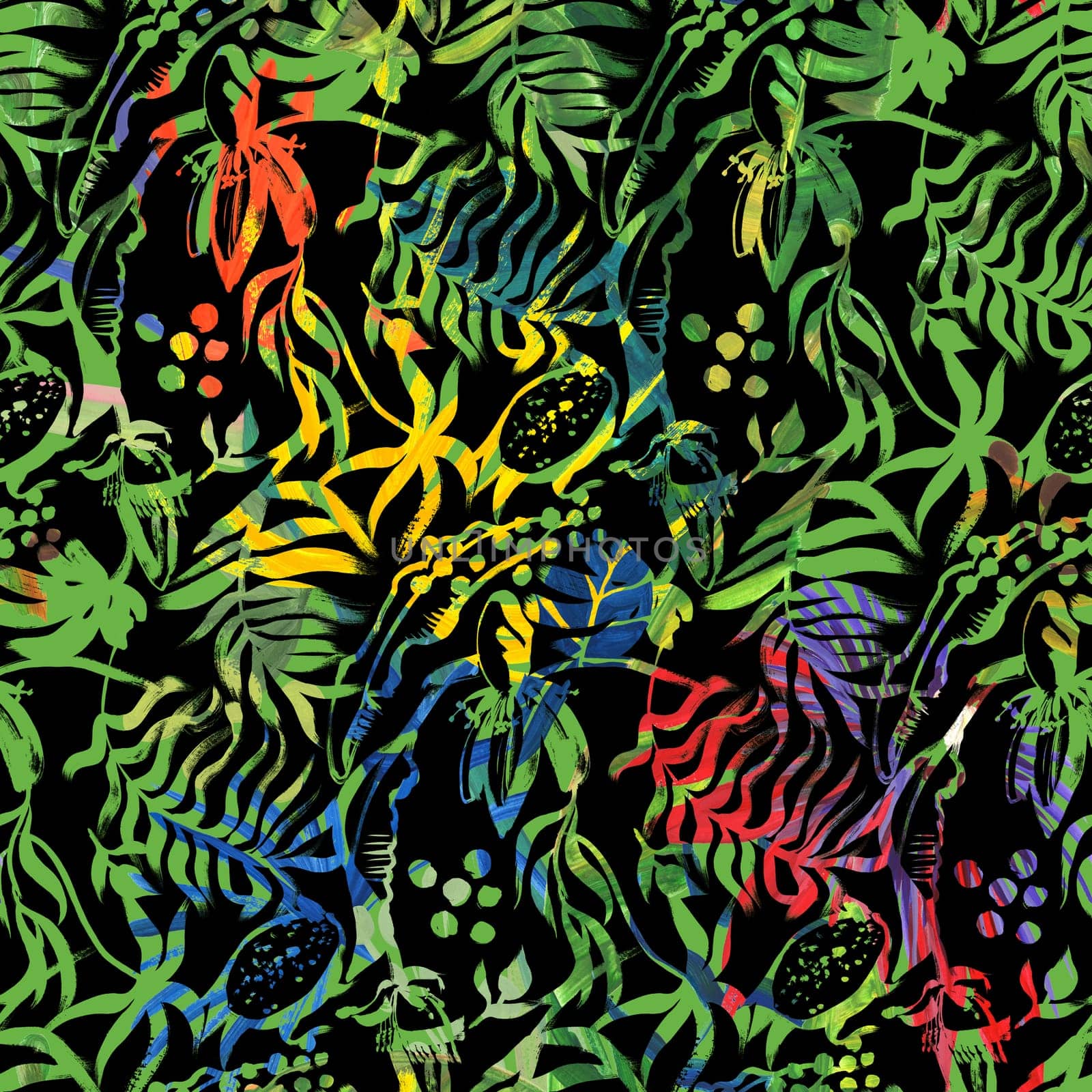 Seamless bright pattern with silhouettes of tropical leaves and fruits painted with gouache in drybrush technique for summer textiles on a black background. Mix of colorful silhouettes