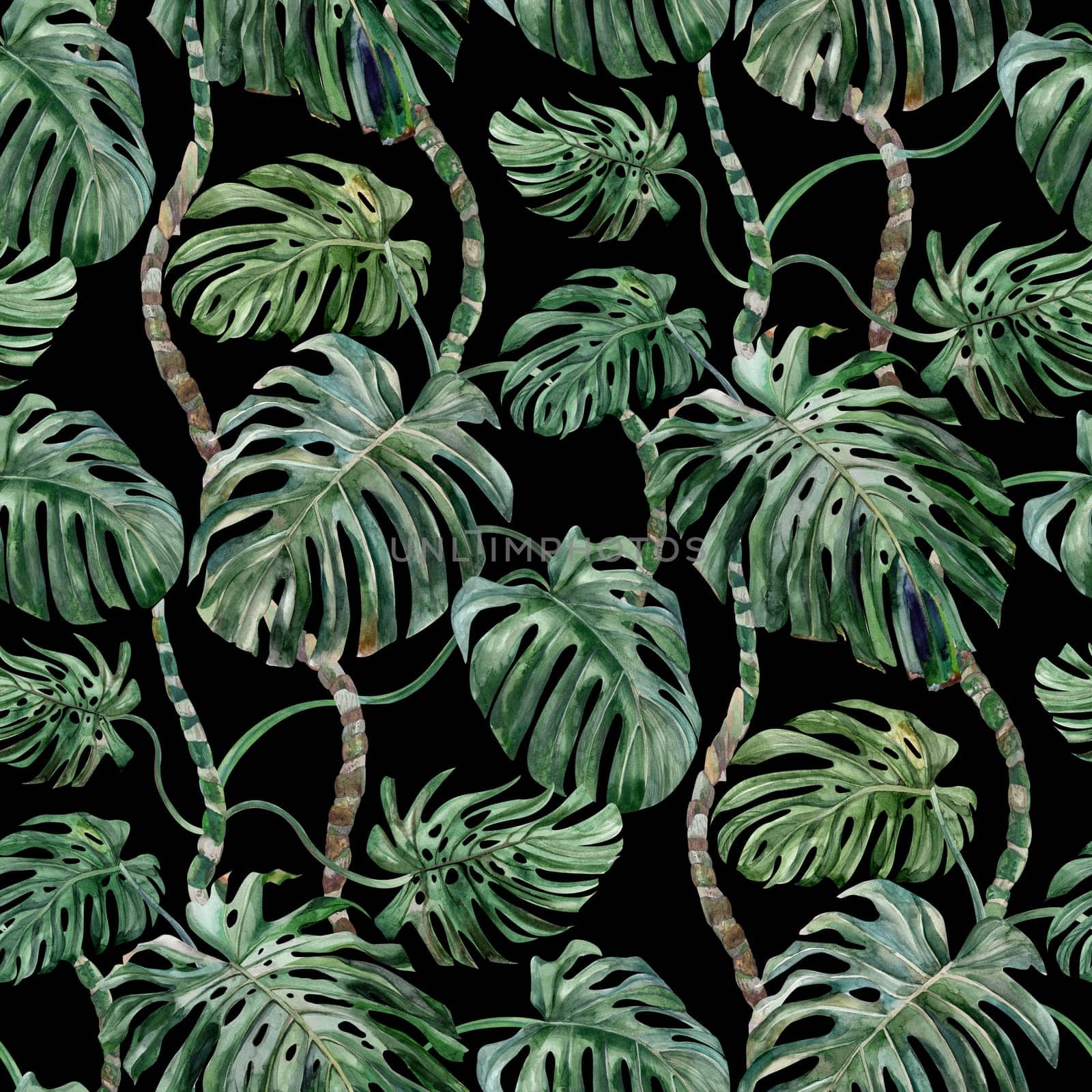 Seamless watercolor pattern with monstera flower on a black background for prints and textile design