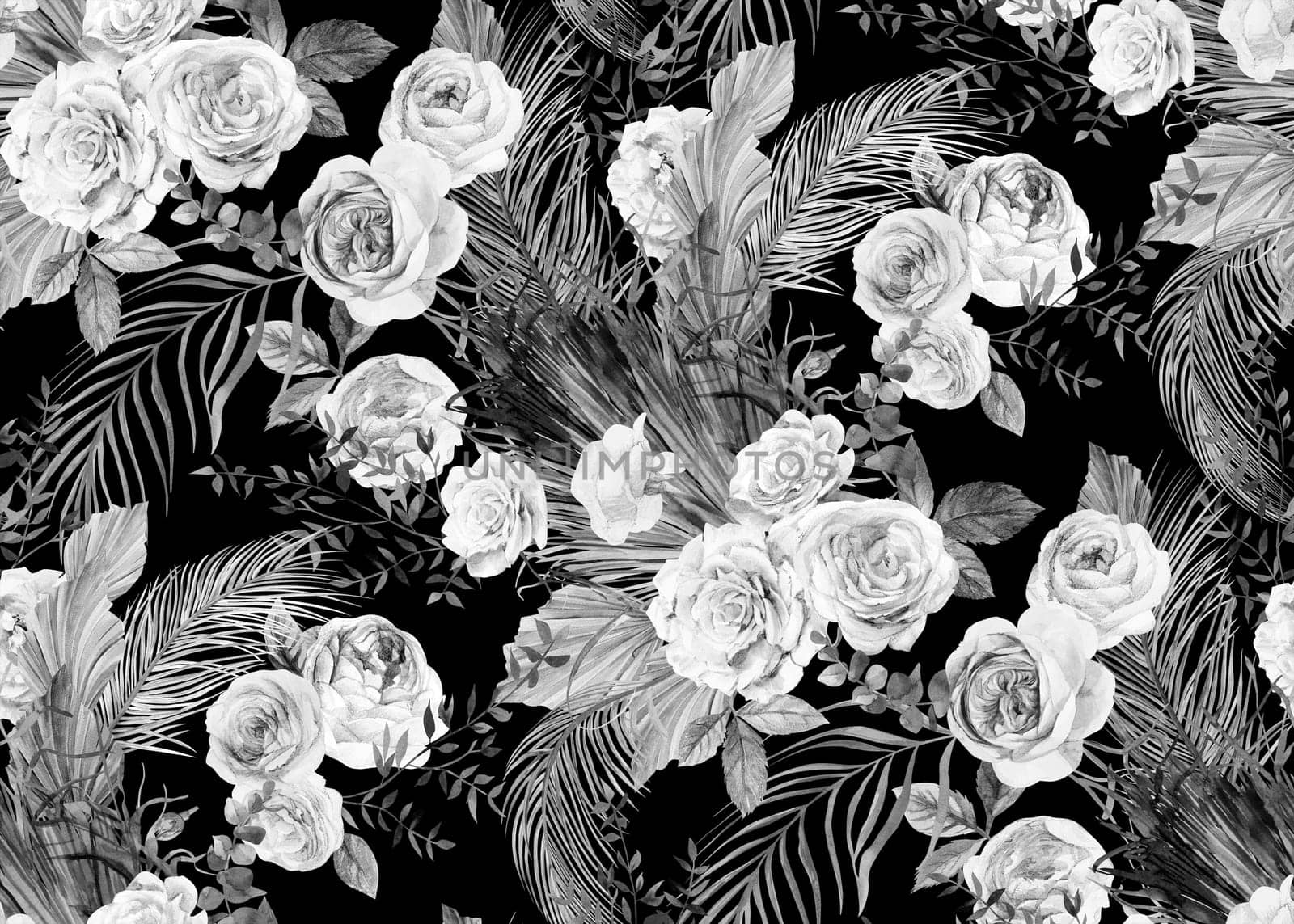 Seamless black and white pattern with a Bouquet of roses and tropical dried flowers for textile