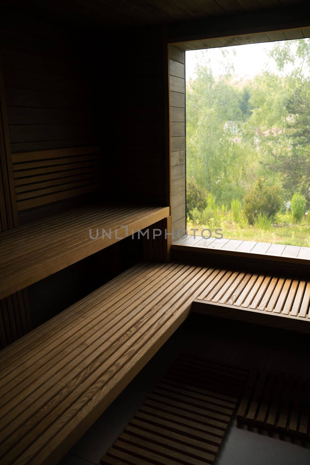 Interior of wooden Finnish sauna. classic wood sauna. by vovsht