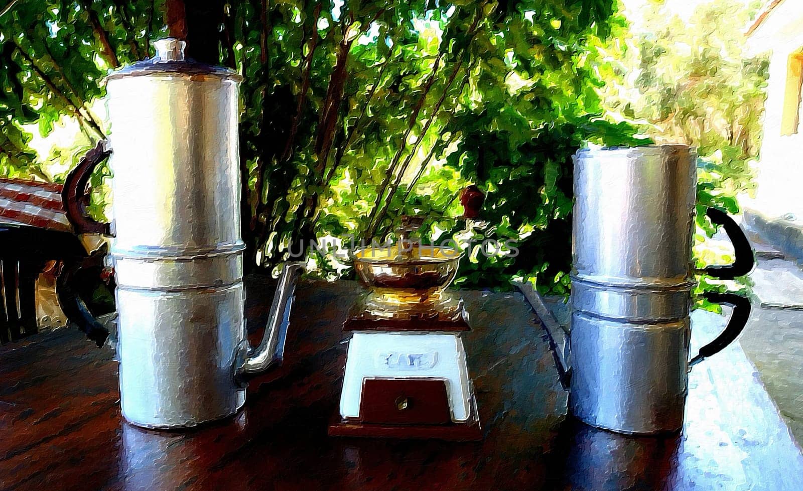 Two Neapolitan coffee machines and an antique coffee grinder on the table in the garden on a summer morning.