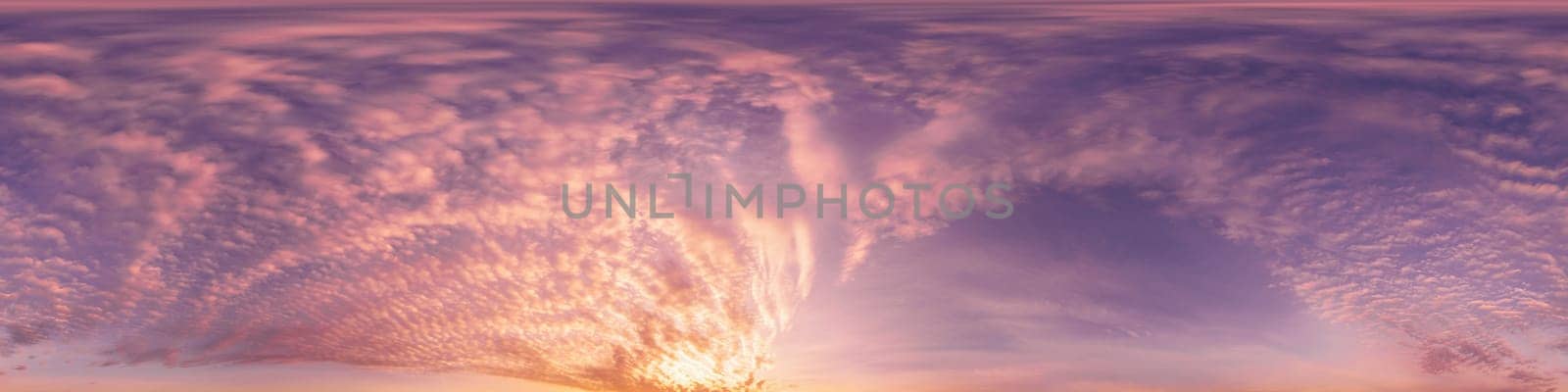 Sunset sky panorama with dramatic bright glowing pink Cirrus clouds. HDR 360 seamless spherical panorama. Full zenith or sky dome for 3D visualization, sky replacement for aerial drone panoramas. by Matiunina