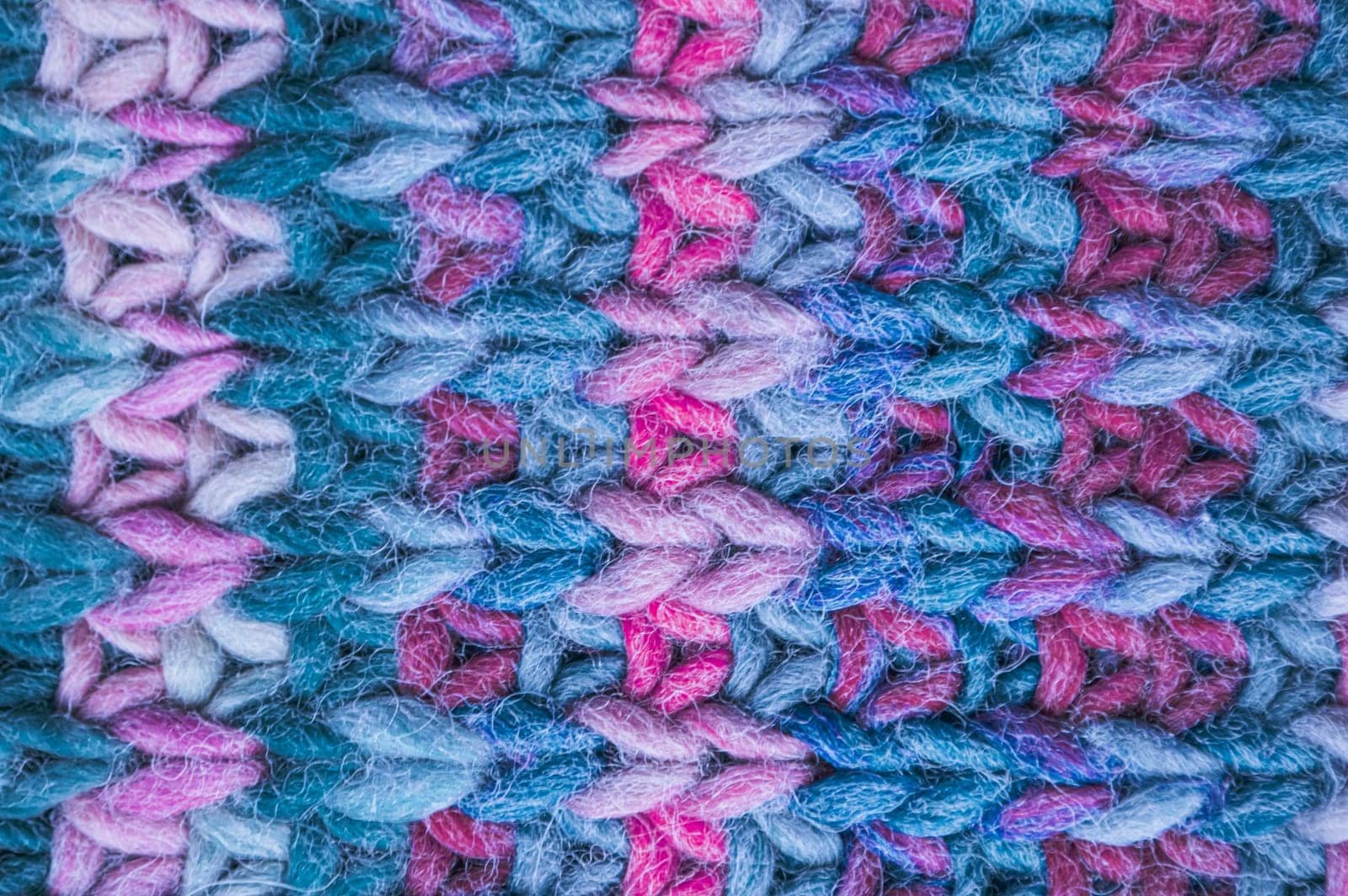 Knitted Sweater. Abstract Woven Pattern. Jacquard Holiday Background. Closeup Knitted Blanket. Blue Linen Thread. Scandinavian Warm Plaid. Structure Carpet Material. Macro Knitted Blanket.