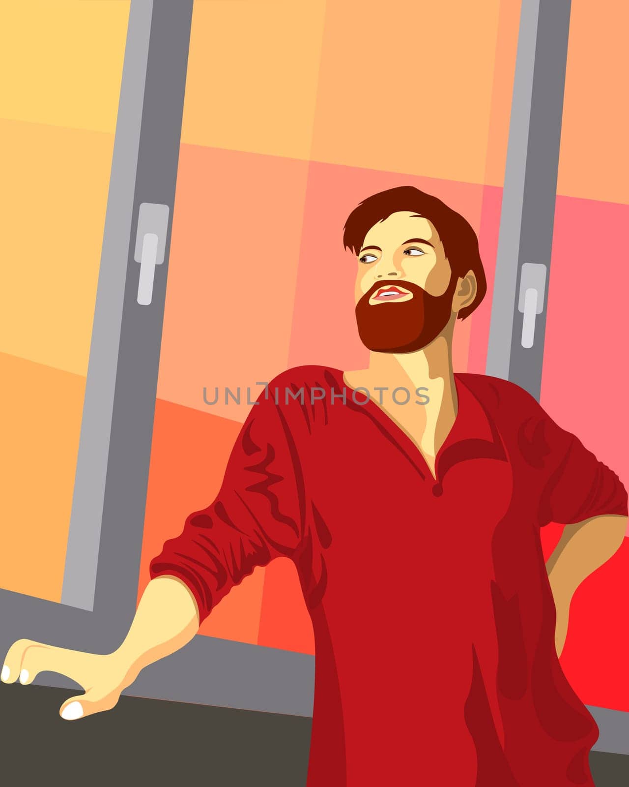 A man stands at the window and looks at the sunset sky. Evening. Vector illustration. Sunrise.