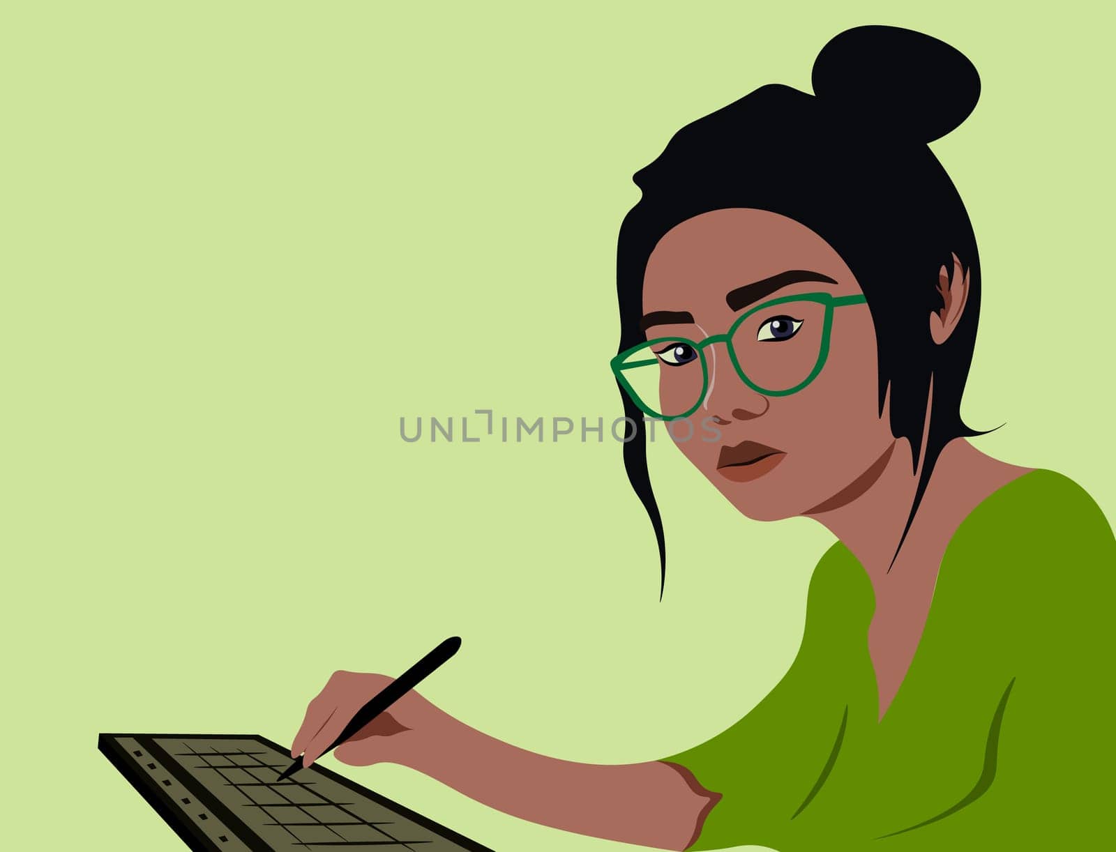 This is a colorful vector illustration of a Thai woman, adorned in a salad-colored outfit, immersed in digital drawing. She's skillfully maneuvering a stylus over a keyboard, ready to create another masterpiece. Her gaze towards the viewer brings a sense of direct connection. As a freelance digital artist, she embodies the spirit of independent creativity and tech-infused art