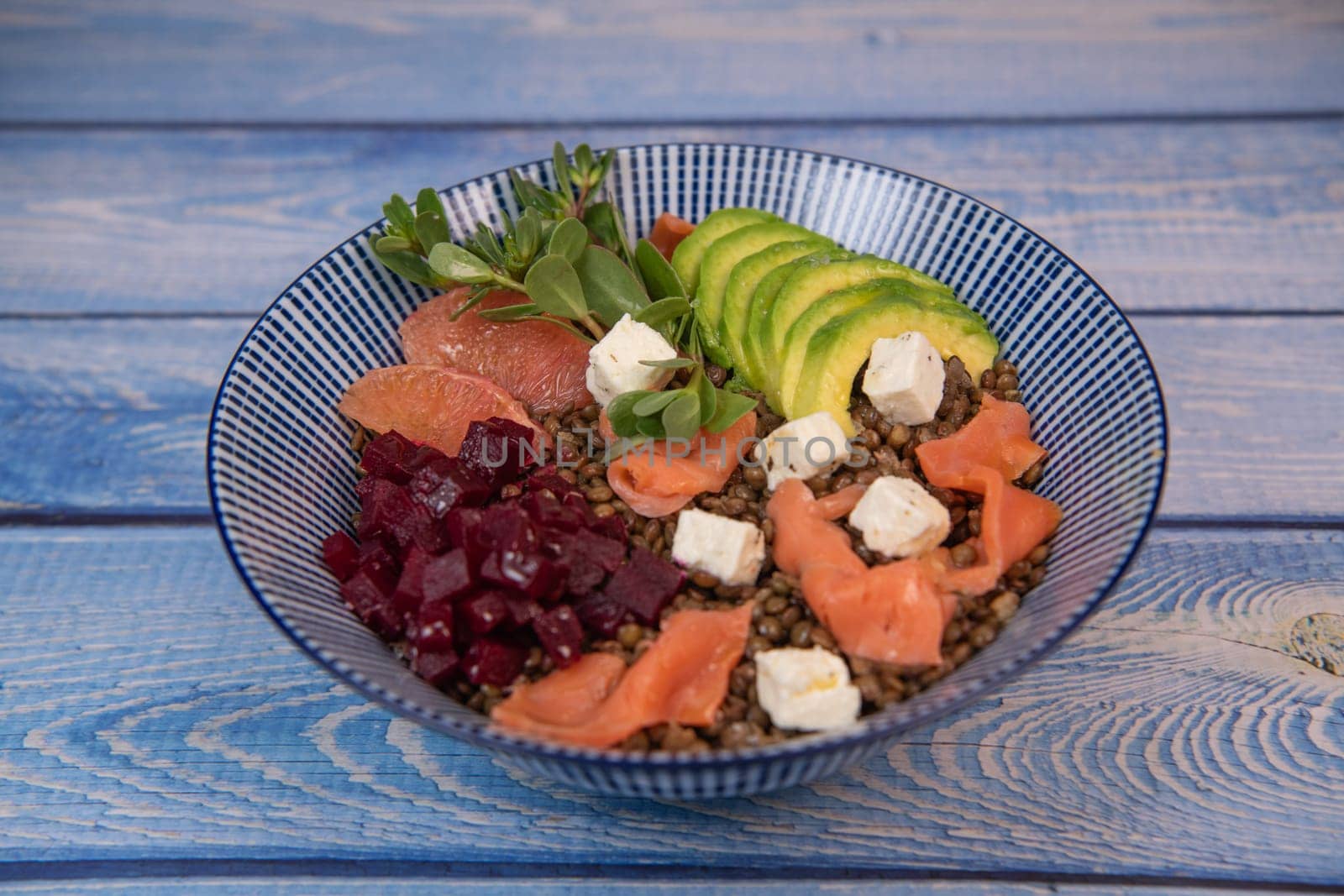 RECIPE SUMMER SALAD LENTILS AVOCADO SALMON, BEET CHEESE PURSLANE, GRAPEFRUIT,High quality photo