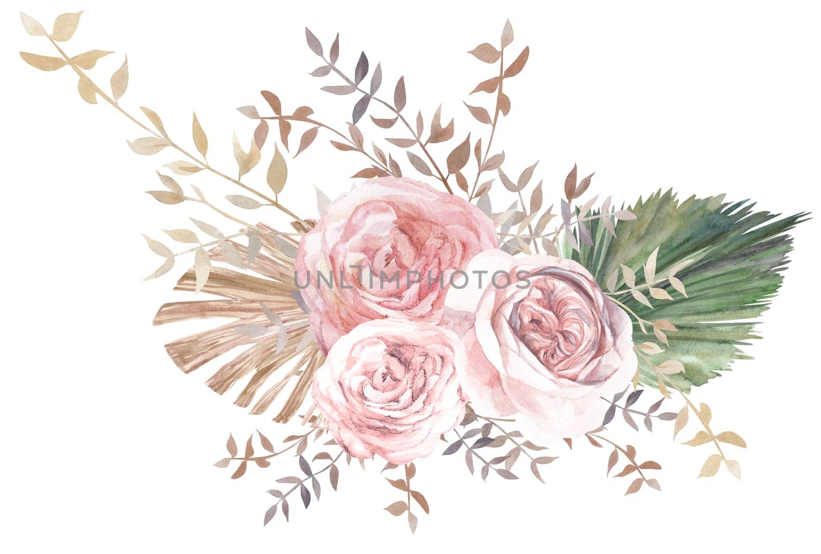 Watercolor horizontal illustration with a bouquet of flowers from light roses and dried flowers of palm leaves for postcards
