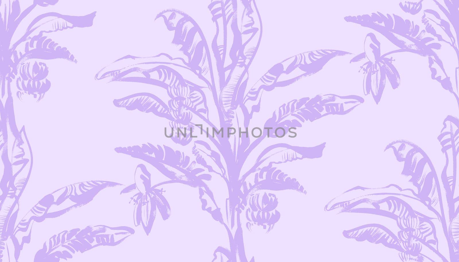 purple summer seamless pattern with a banana palm with tropical leaves drawn with a dry brush in two colors for tropical textile