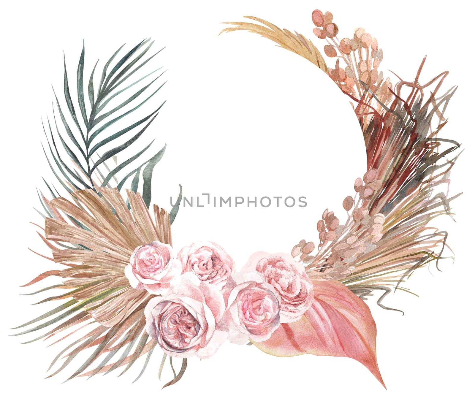 Watercolor oval round frame with a bouquet of flowers from light roses and dried flowers of palm leaves for cards isolated on white