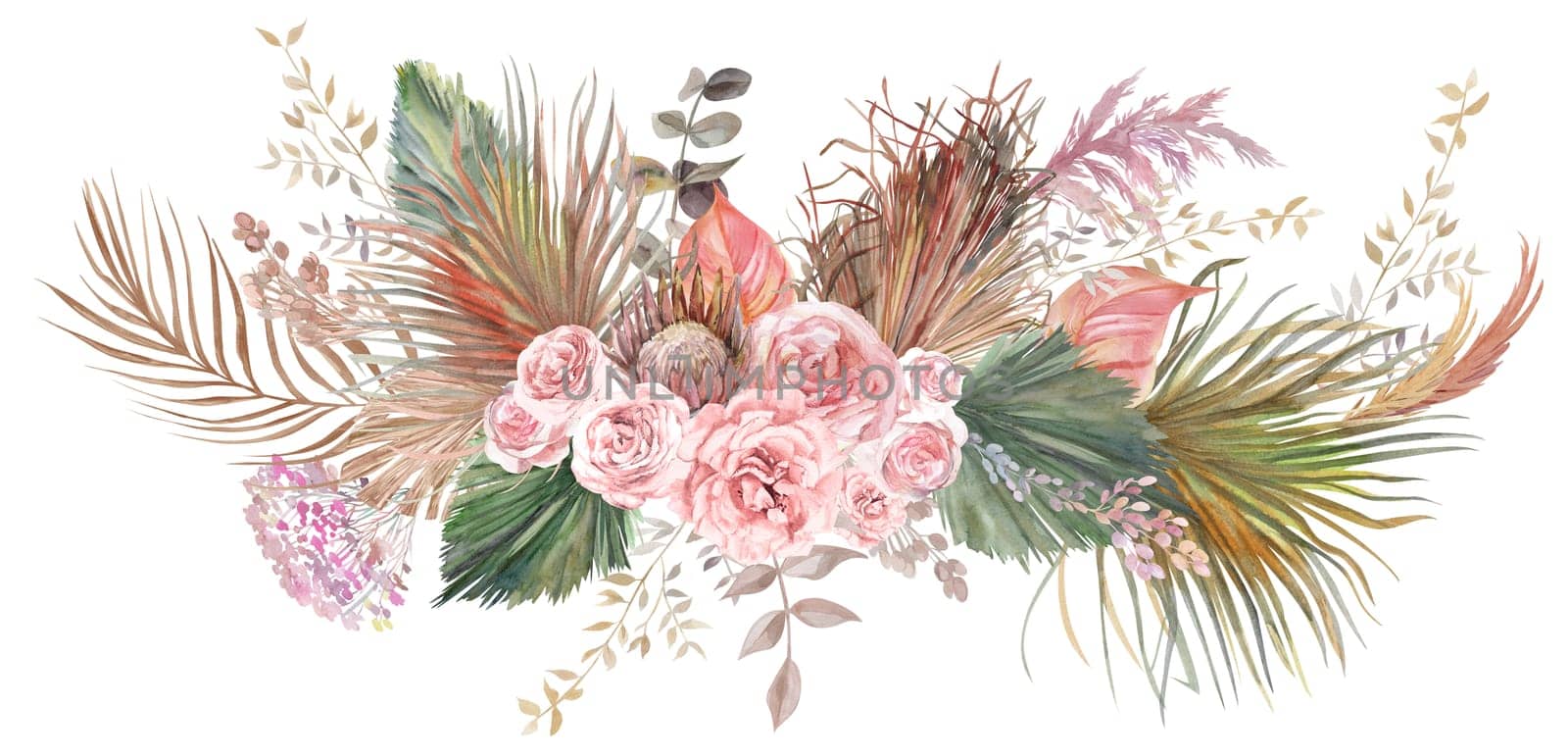 Watercolor horizontal illustration with a bouquet of flowers from light roses and dried flowers of pampas grass