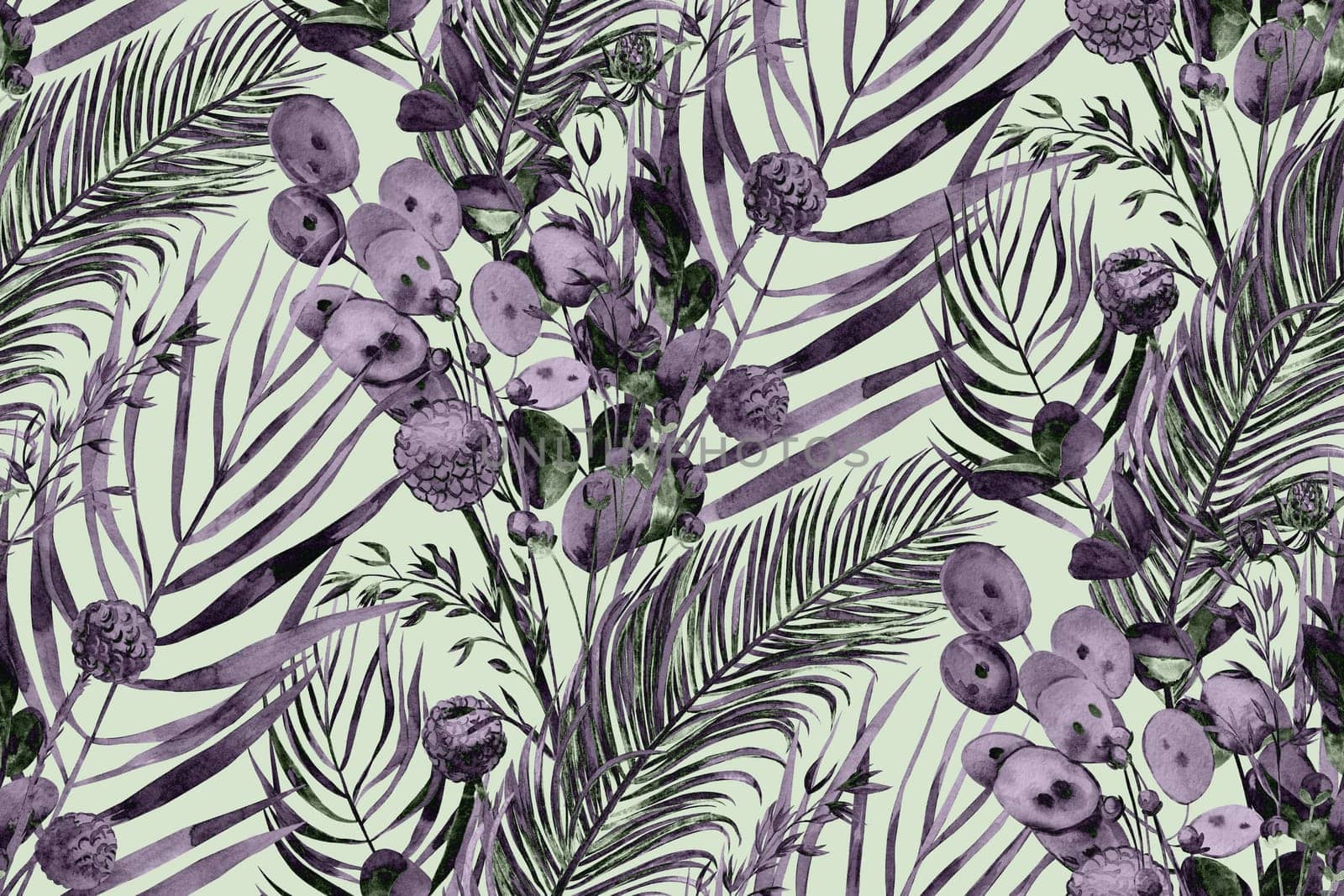 Monochrome watercolor seamless pattern with herbarium of flowers and tropical palm leaves for textile