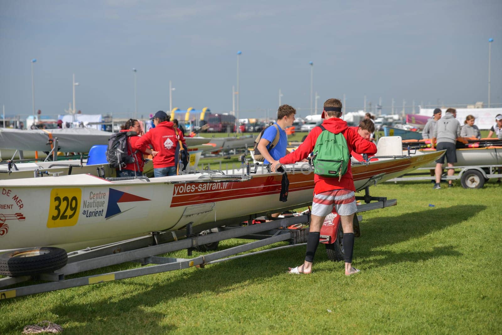 DIEPPE, FRANCE - MAY 25, 2019: French Rowing Championship. Water Rowing boats on the grass.
