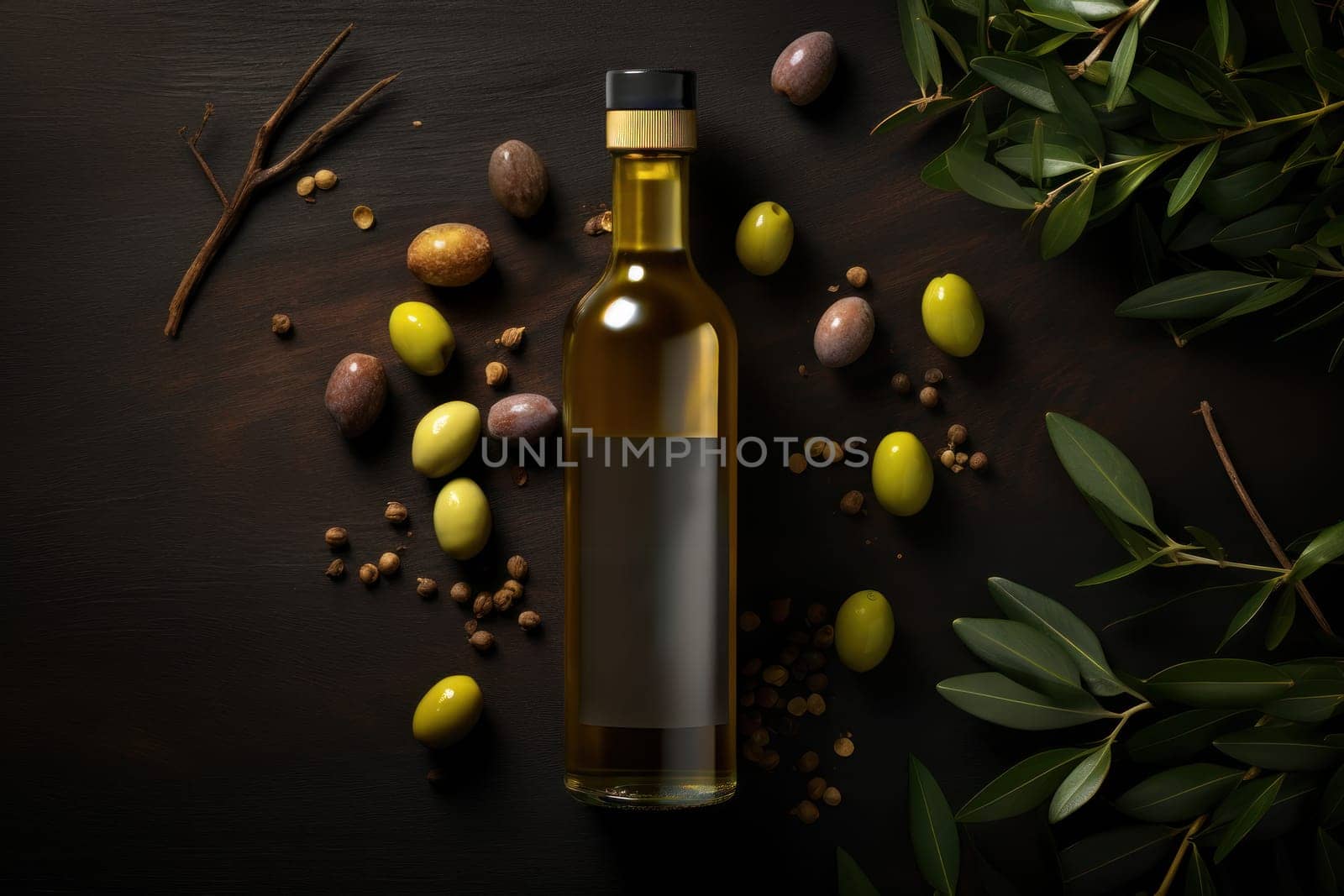 Olive oil and olives berries are on the wooden table under the olive tree