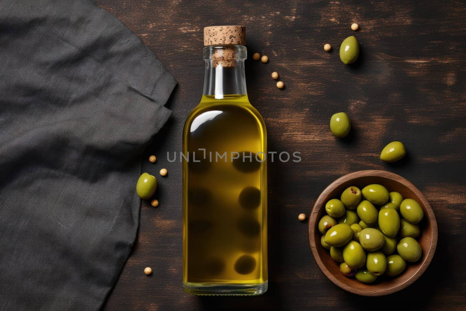 Olive oil and olives berries are on the wooden table under the olive tree