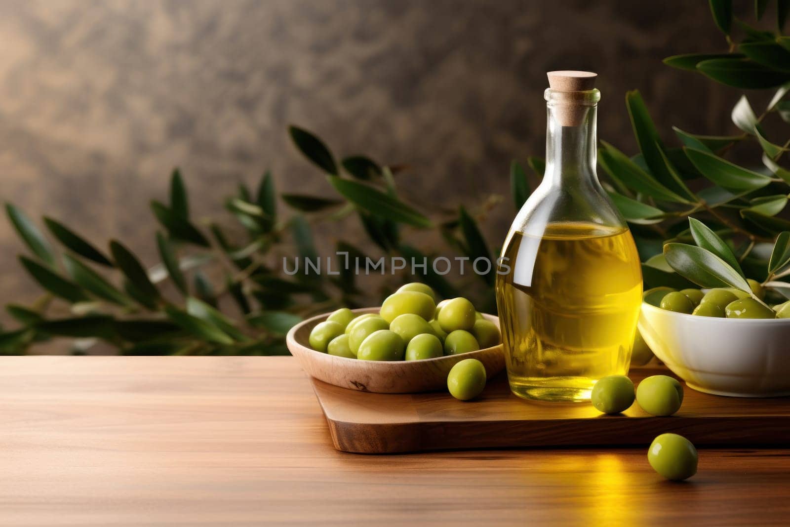 Olive oil and olives berries are on the wooden table under the olive tree