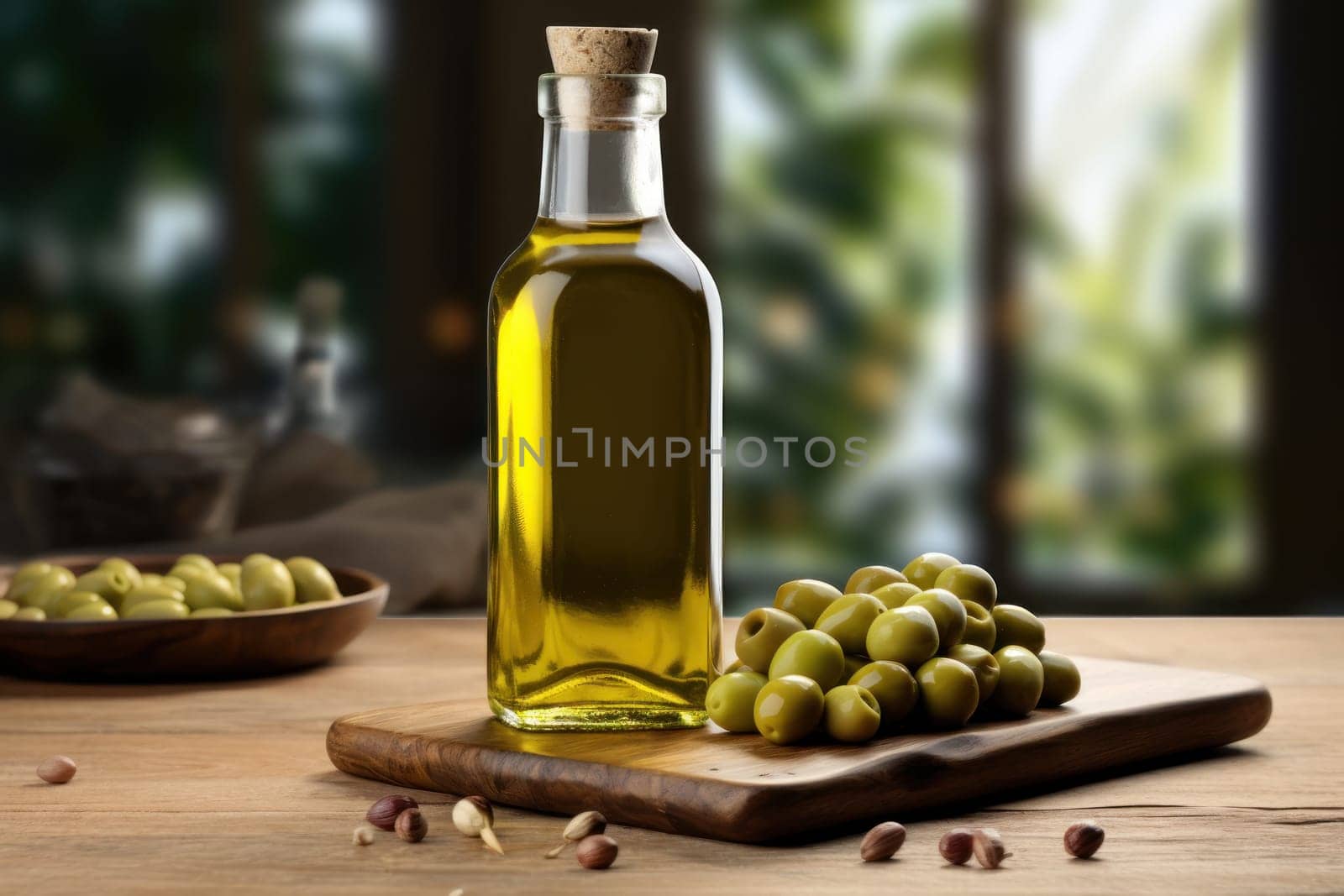 Olive oil and olives berries are on the wooden table under the olive tree