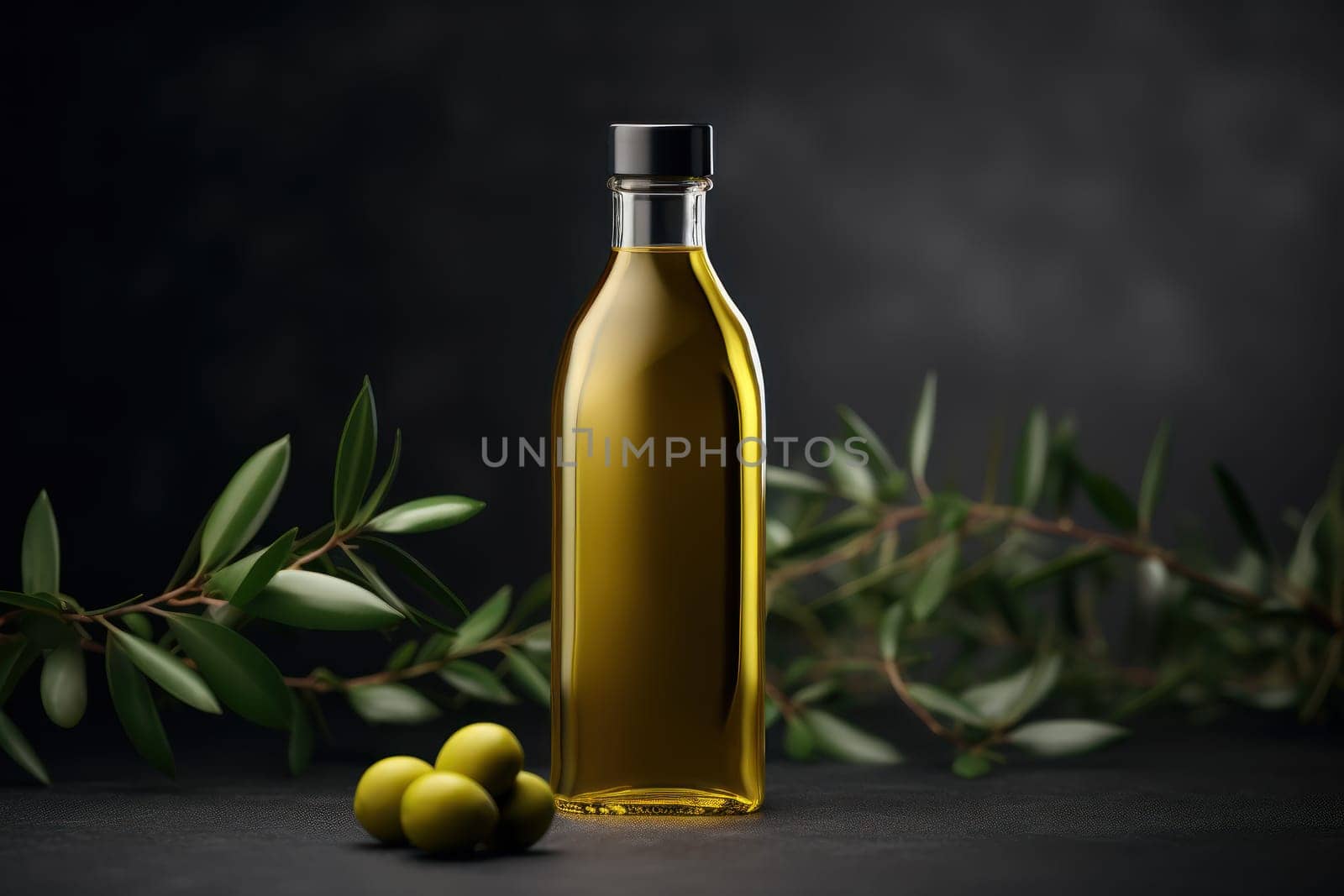 Olive oil and olives berries are on the wooden table under the olive tree