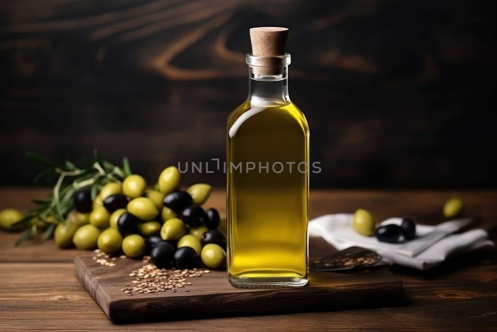 Olive oil and olives berries are on the wooden table under the olive tree