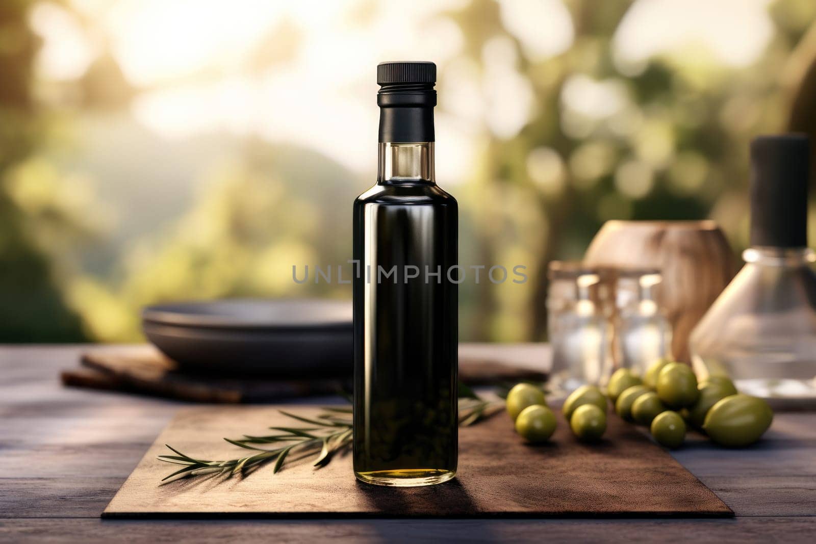 Olive oil and olives berries are on the wooden table under the olive tree