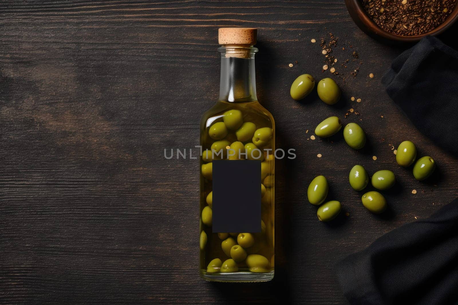 Olive oil and olives berries are on the wooden table under the olive tree