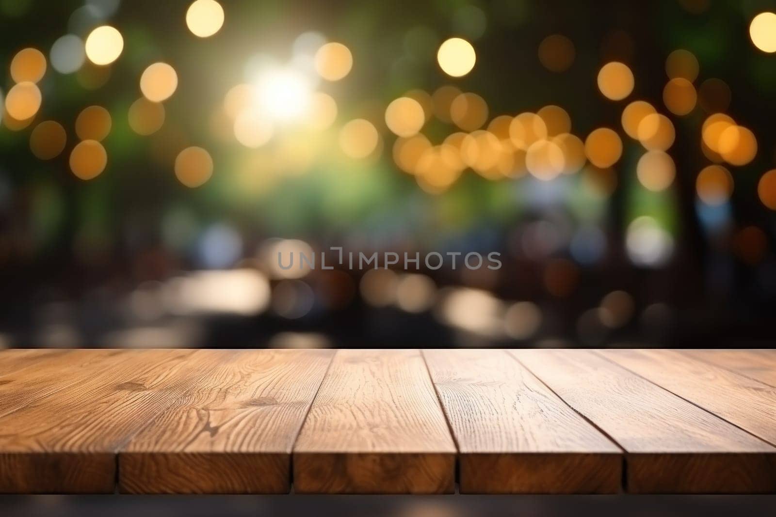 Empty wooden table and bokeh light background. For product display, Generate Ai.