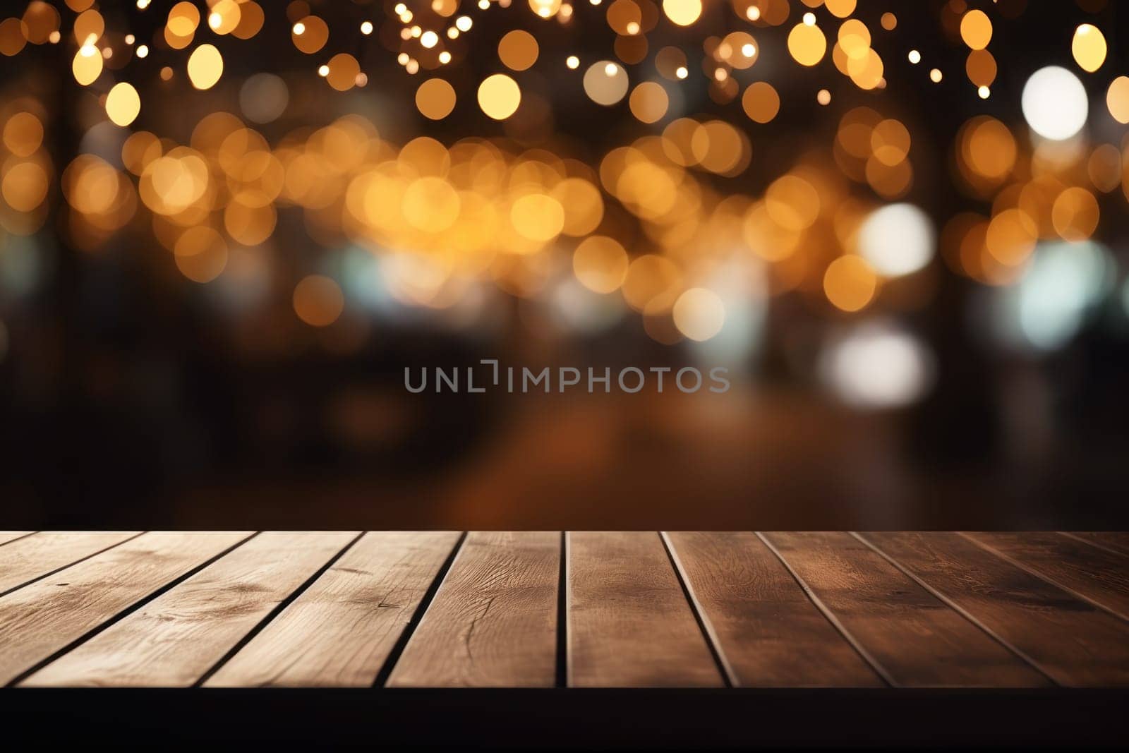 Empty wooden table and bokeh light background. For product display, Generate Ai.
