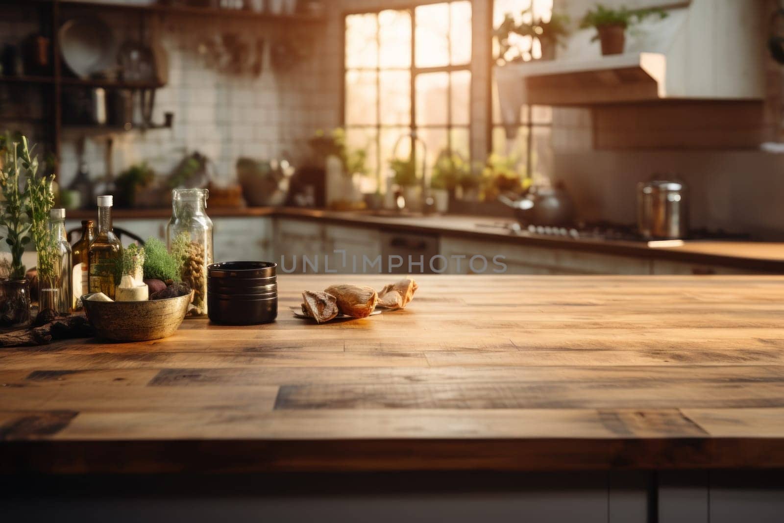 Kitchen room with table morning light time, Generate with Ai.