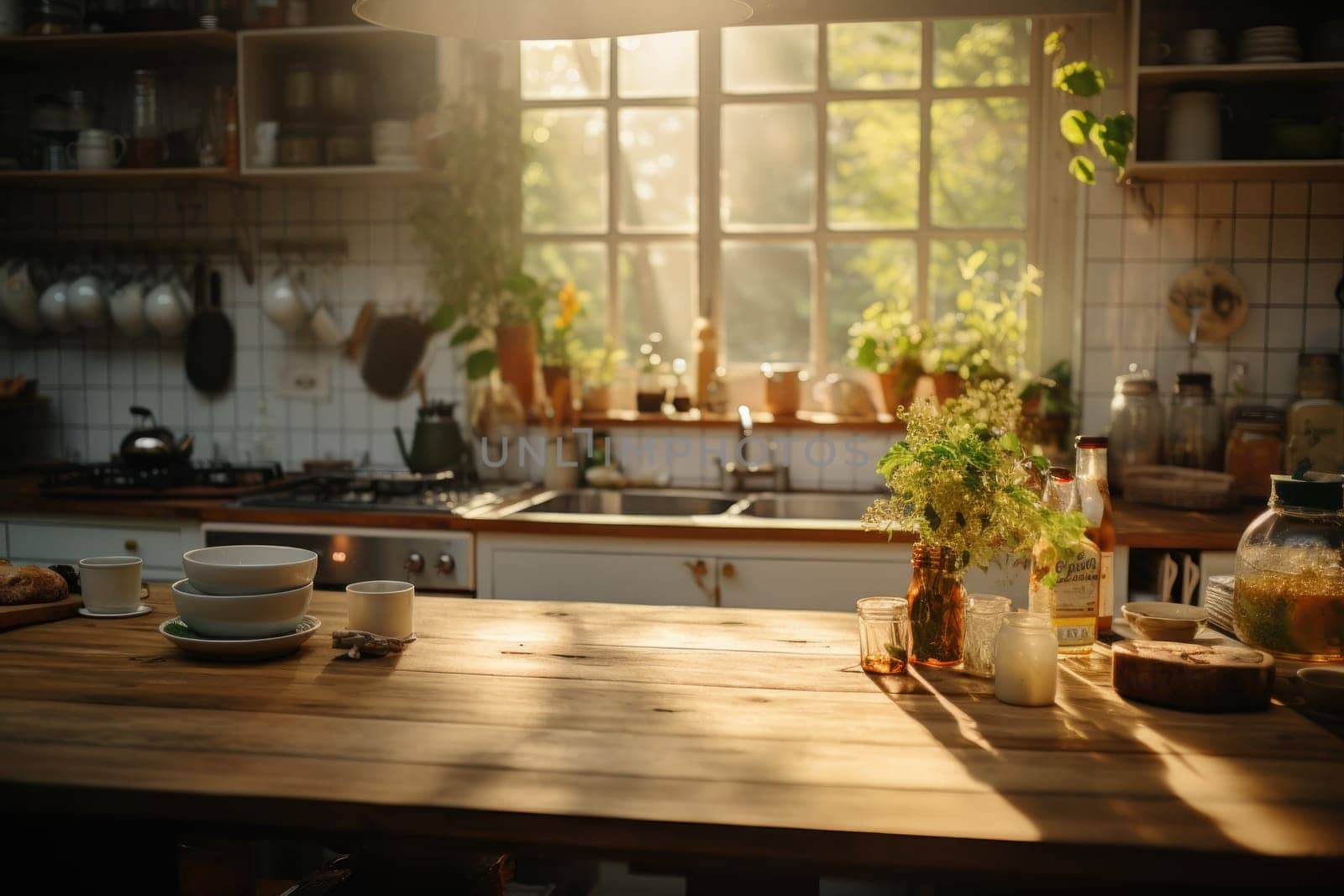 Kitchen room with table morning light time, Generate with Ai by prathanchorruangsak