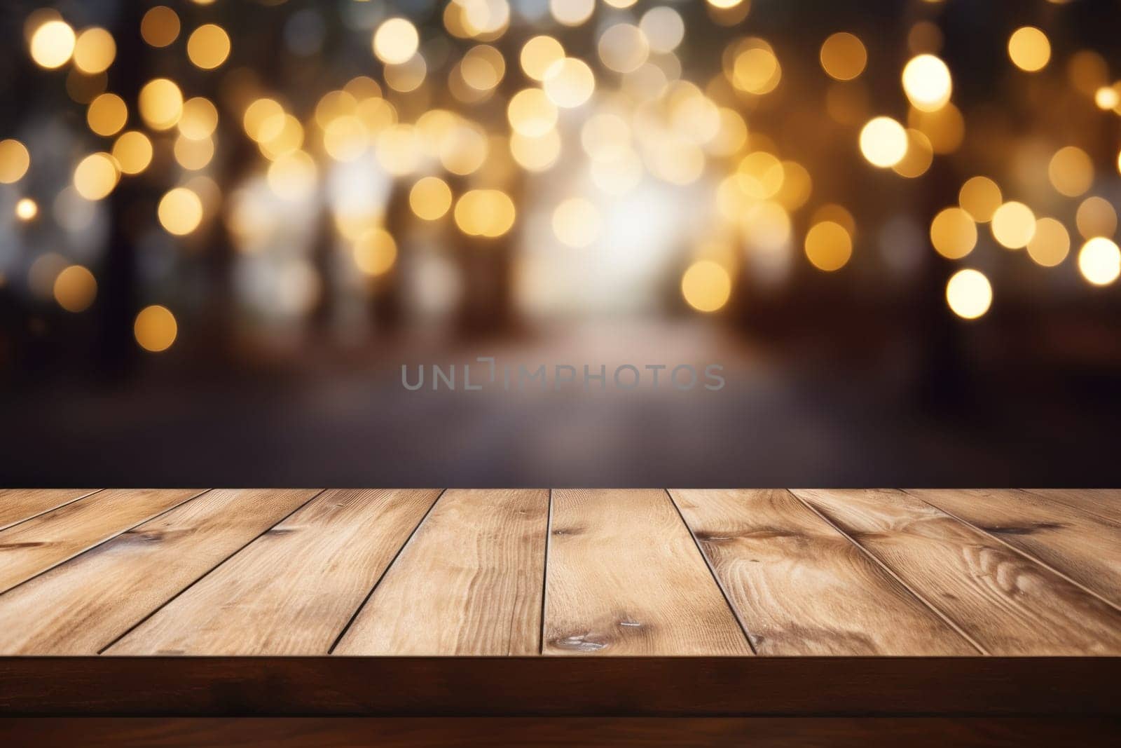 Empty wooden table and bokeh light background. For product display, Generate Ai.