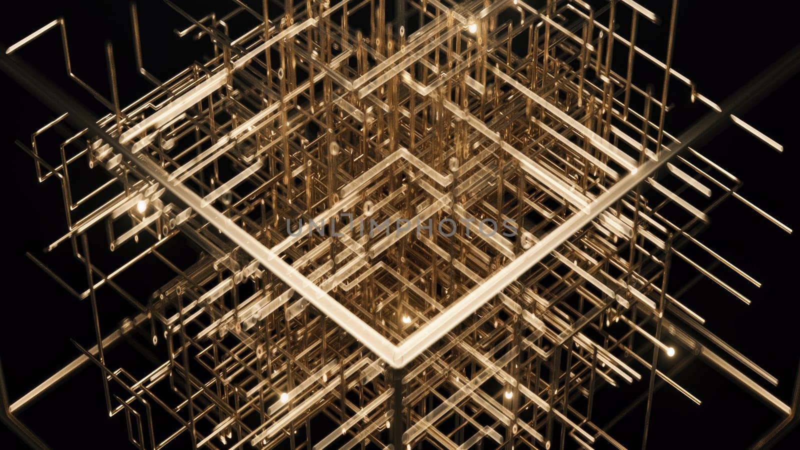 3d render Golden labyrinth with neon fire rages in gatsby style by studiodav