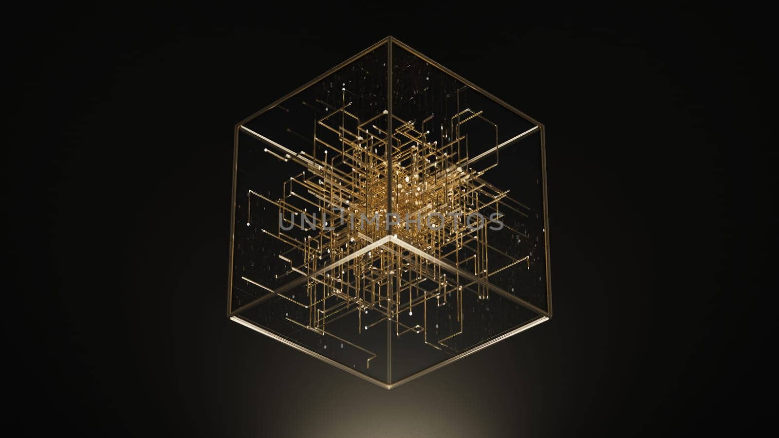 3d render abstract gold cubic cube on black background, in the style of kinetic installations by studiodav