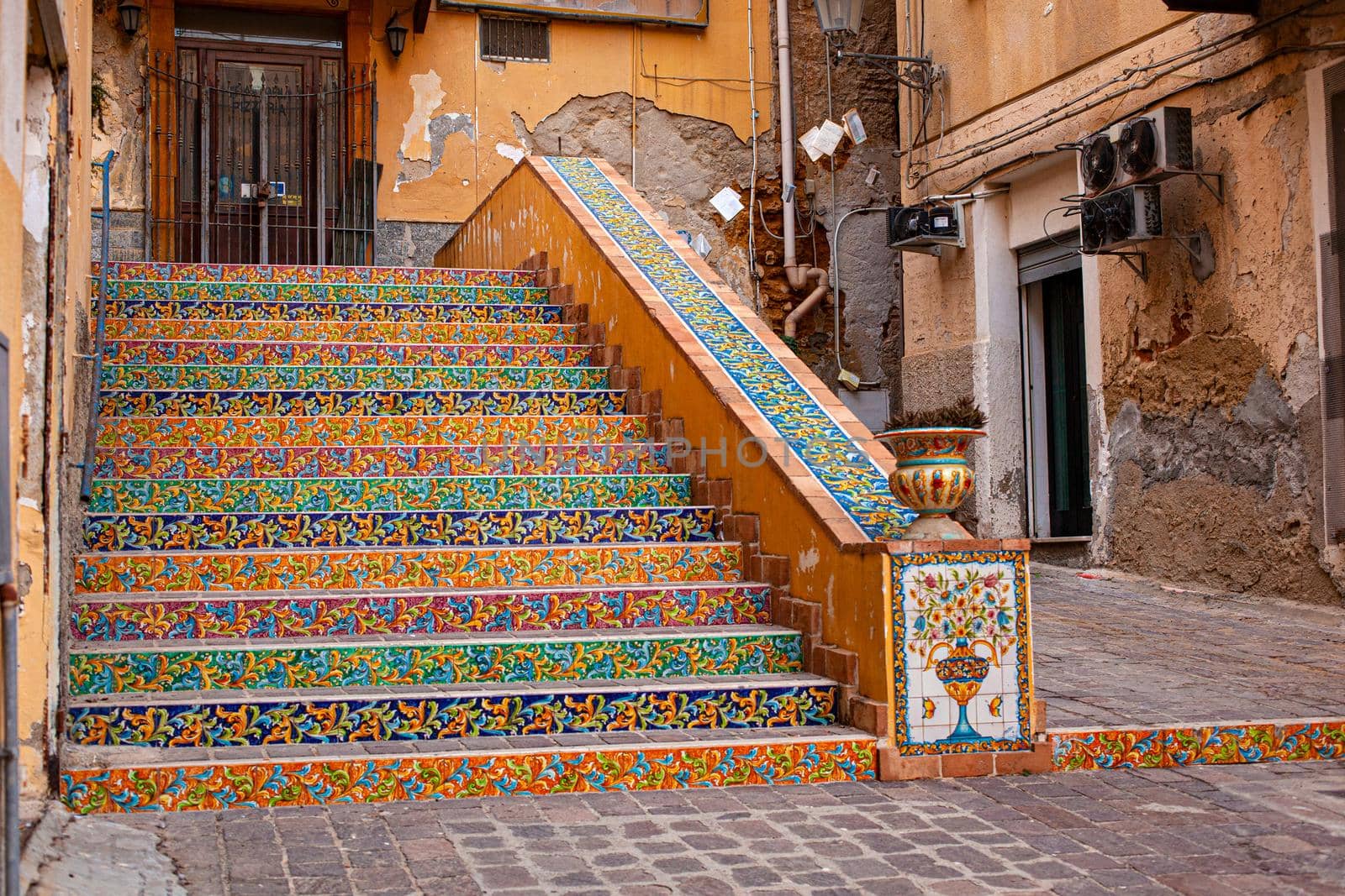 View of a staircase decorated with typical Sicilian ceramic tiles, Porto Empedocle. Sicily