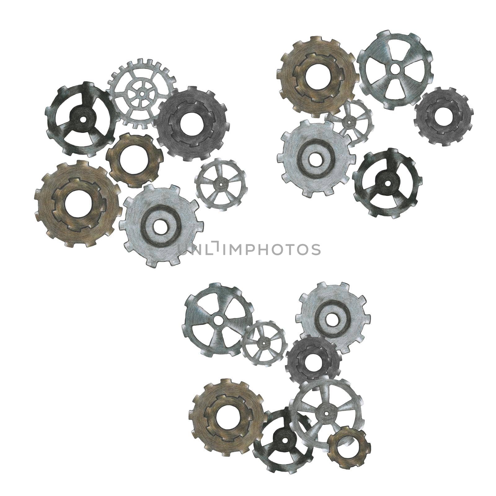 Set of Grey and Brown Gear Composition Isolated on White Background. Collection of Steampunk Gears in Motion.