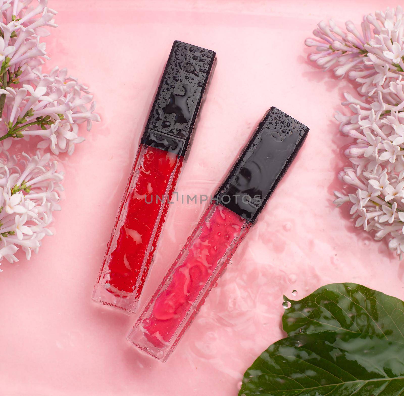 Lip gloss and water drops on a pink background. The concept of a bottle of lip gloss without labels. Cosmetology. Decorative cosmetics. Copy space