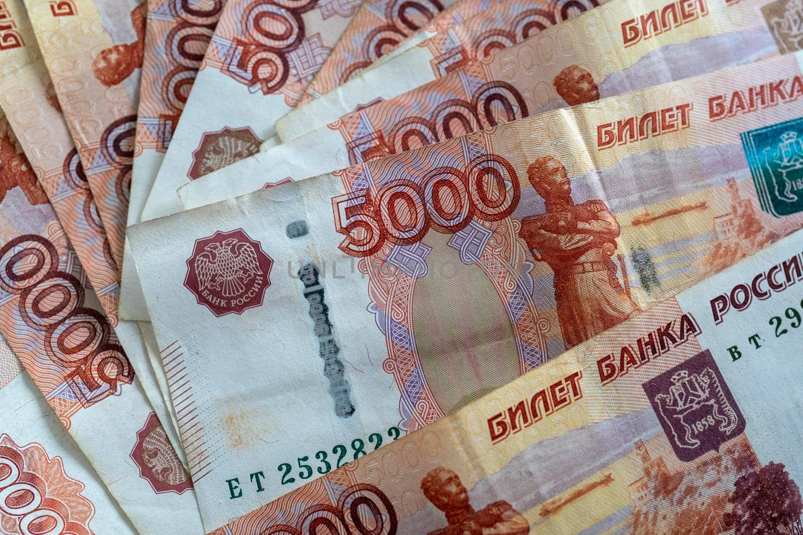 Background with Russian money in the form of five thousand rubles.