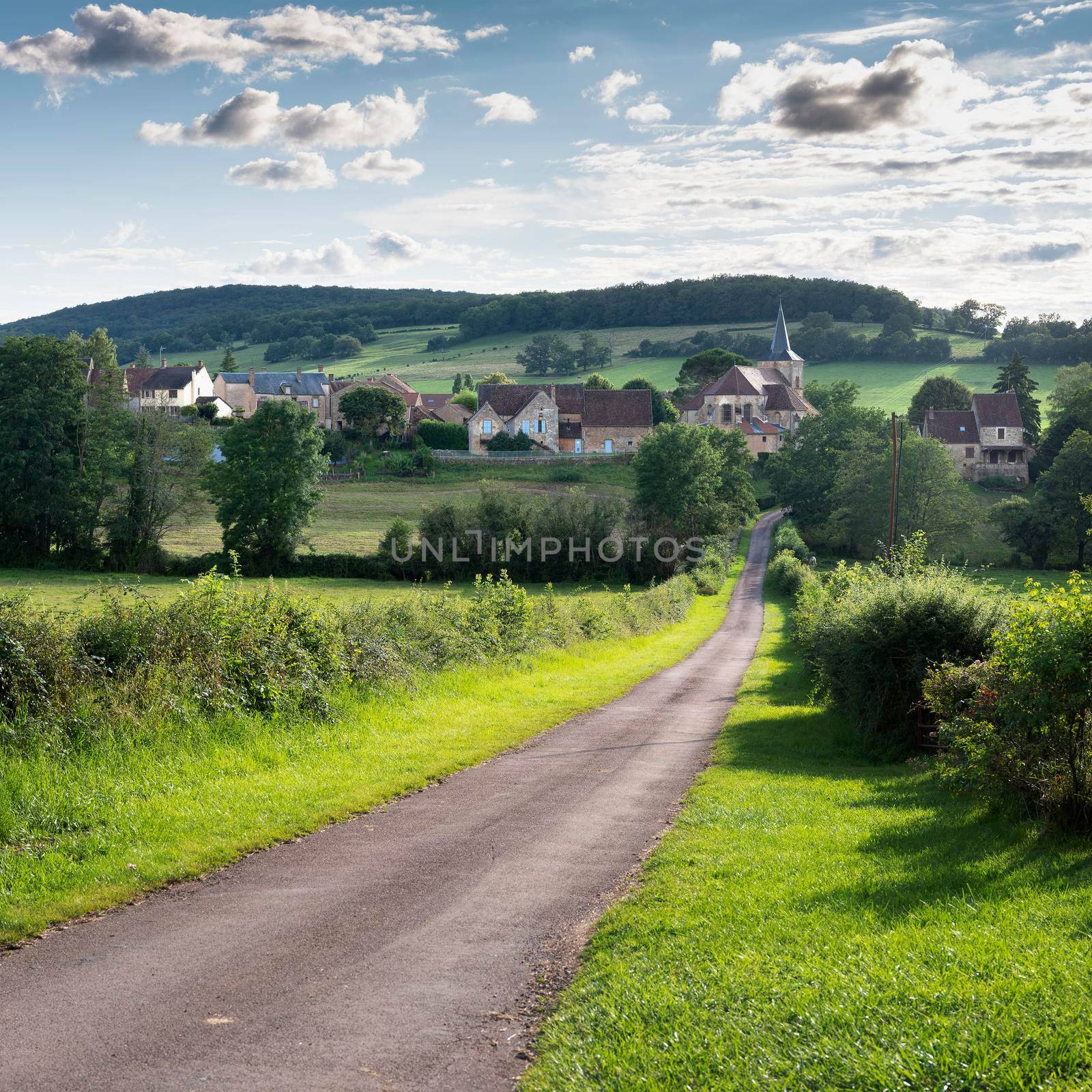 beautiful village of french morvan with green grassy fields and forests under blue sky with clouds by ahavelaar