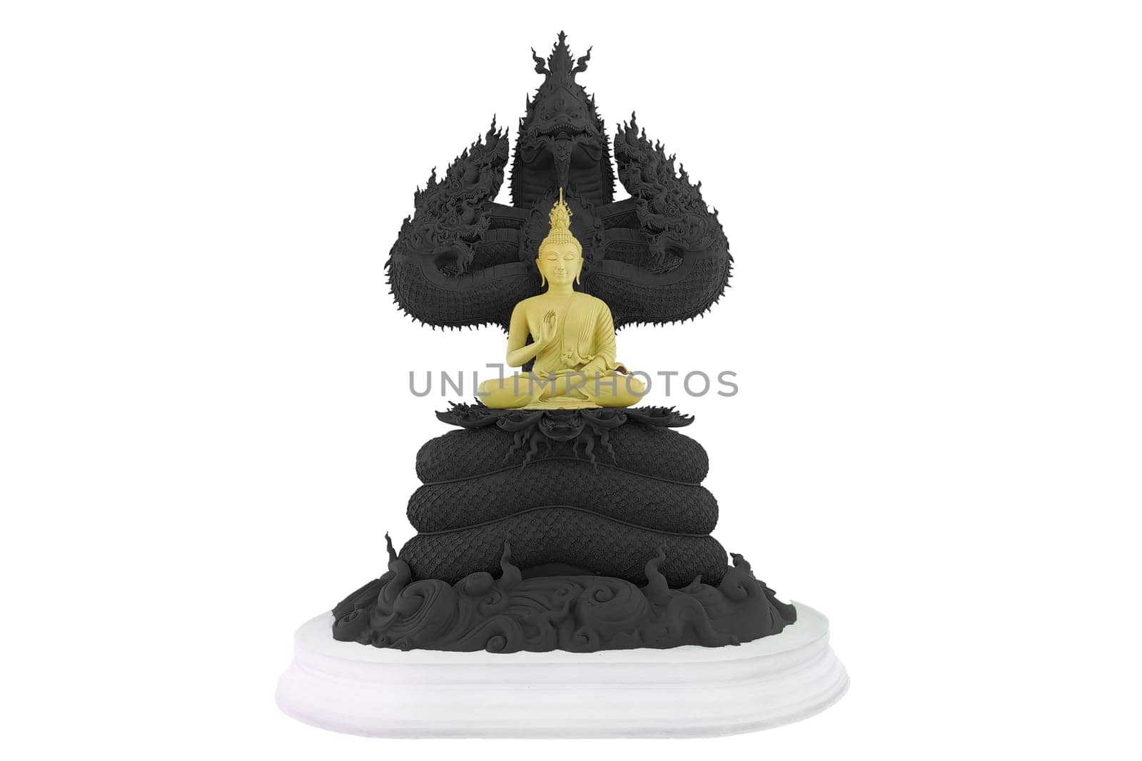 Buddha protected by the hood of the mythical king naga black color isolated by Darkfox