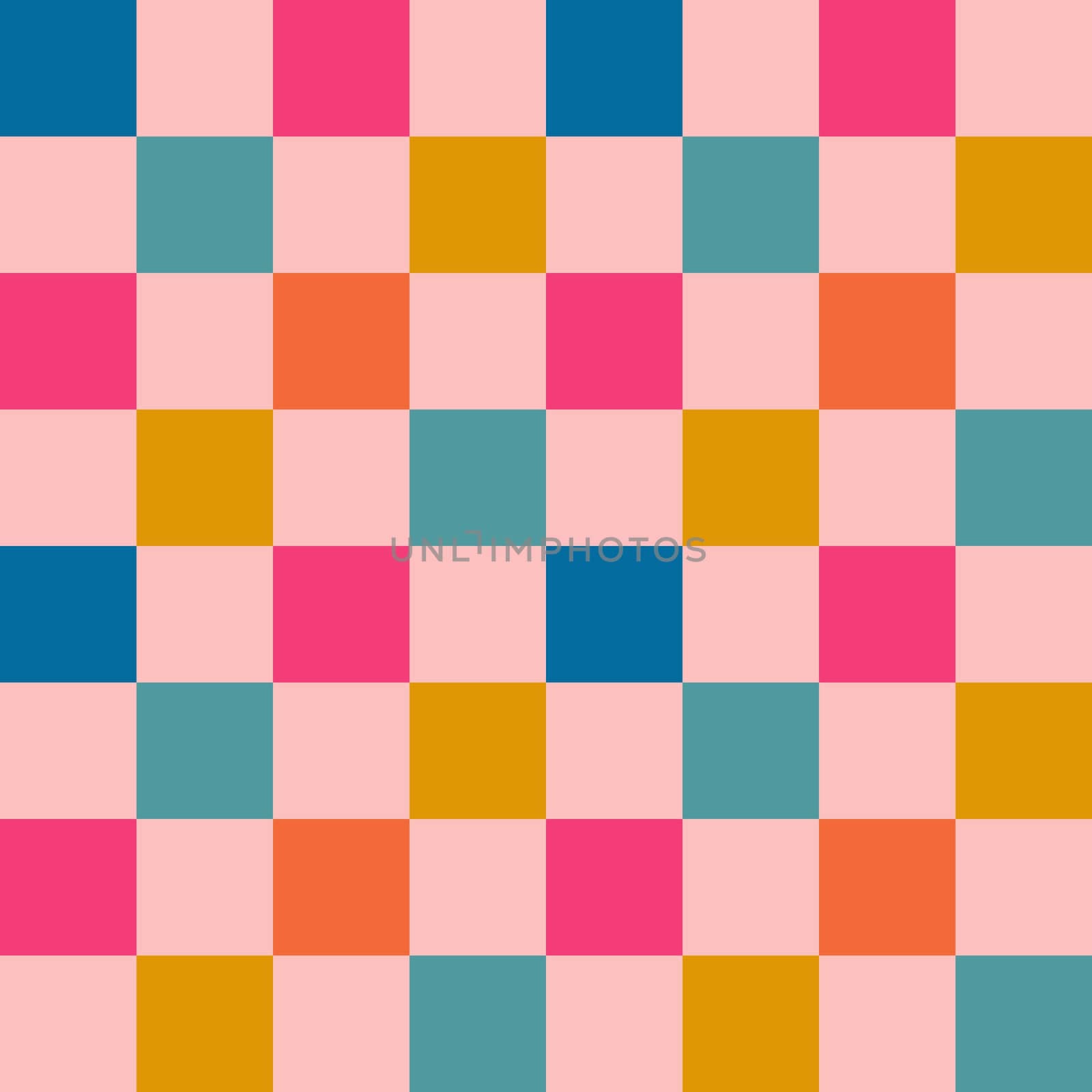 Hand drawn seamless pattern with colorful checks squares, pink blue yellow orange checkered checkerboard, mid century modern design style, contemporary abstract geometric print, 80s 90s retro art. by Lagmar