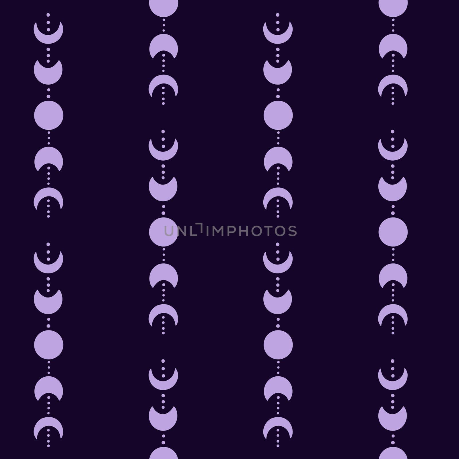 Hand drawn seamless pattern with moon phases in vertical line on dark purple background. Astrology space cosmic witch witchcraft concept, astronomy moonlight night sky art, lumar planet shapes