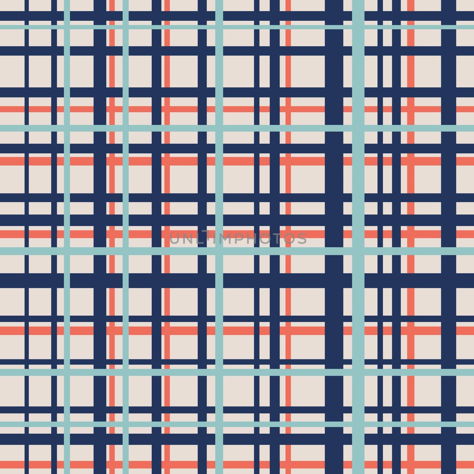 Hand drawn seamless pattern of plaid tartan checkered textile print in blue orange beige. Checks squares lines in abstract geometric modern colorful design. For wallpaper classic nursery decor. by Lagmar